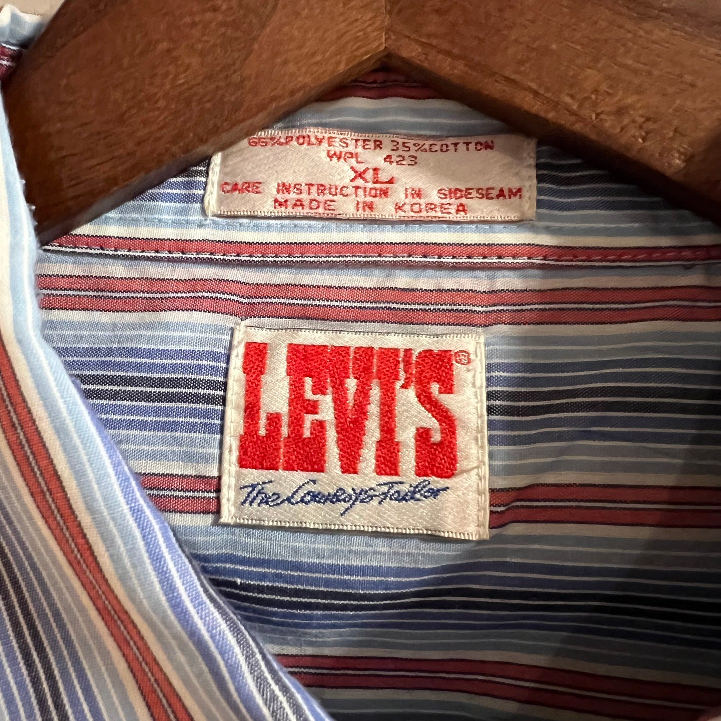 Vintage 80’s Levi’s Striped Pearl Snap Western Yoke Long Sleeve Cowboy Shirt - Size XL - Blue/Red/White/Black