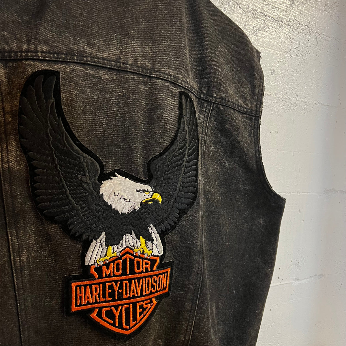 Vintage Harley Davidson Black Denim & Leather Eagle Patch Vest - Size L/XL - Black