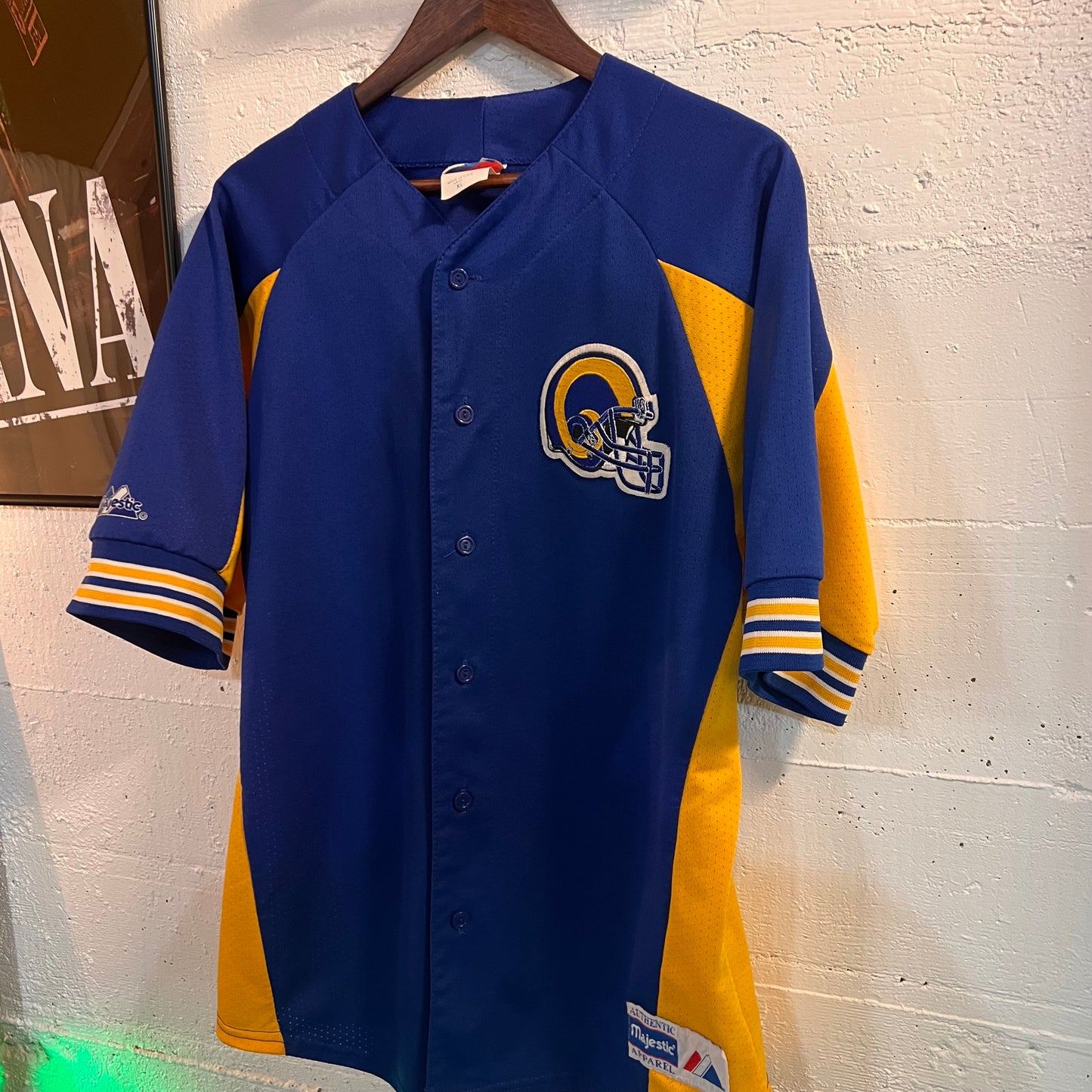 Vintage 90's Los Angeles Ram's Majestic Baseball Style Jersey - Size XL - Made In USA - Blue/Yellow