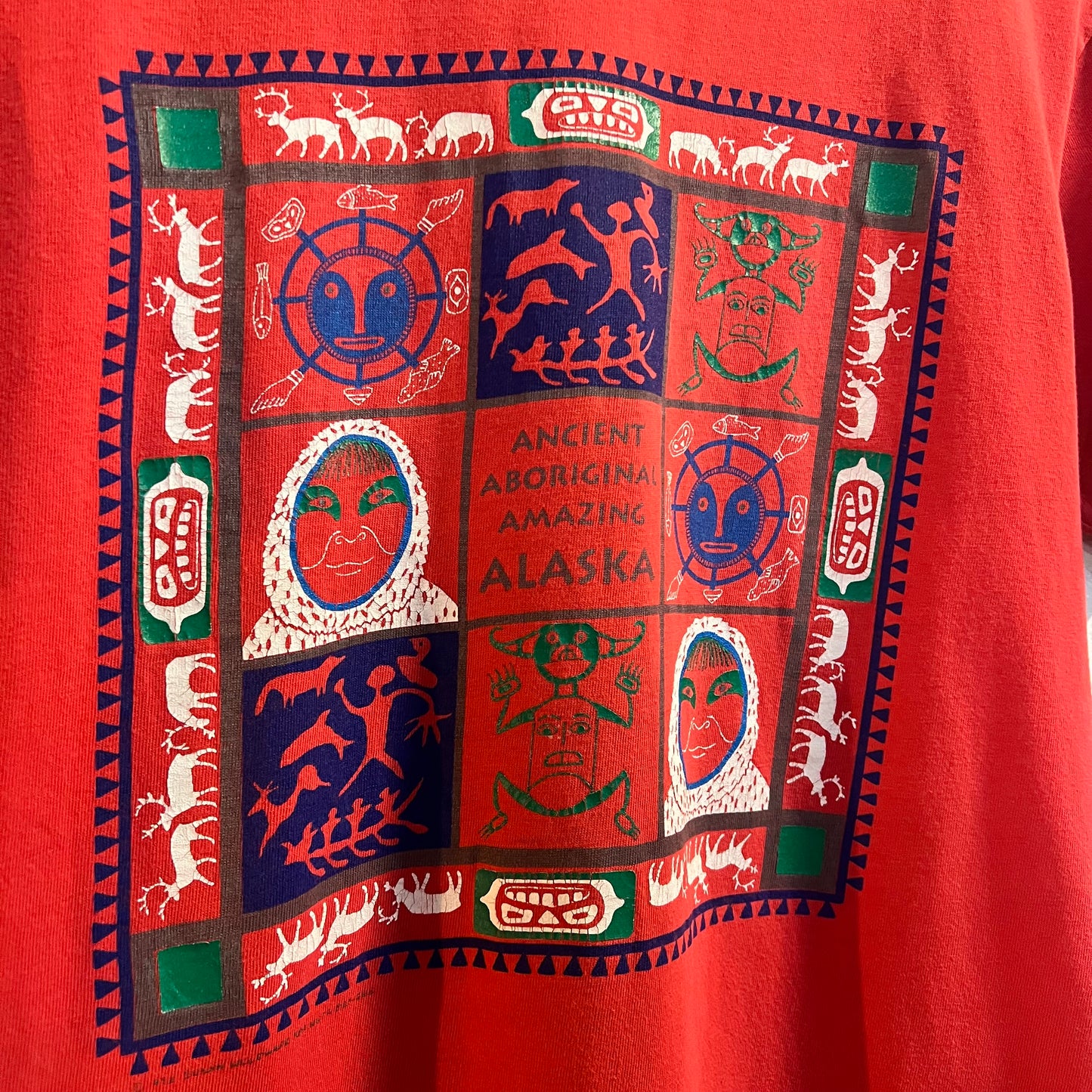 Vintage 90's Single Stitch Alaskan Indigenous Art Graphic T-Shirt - Size Medium - Made In USA - Pink/Multi