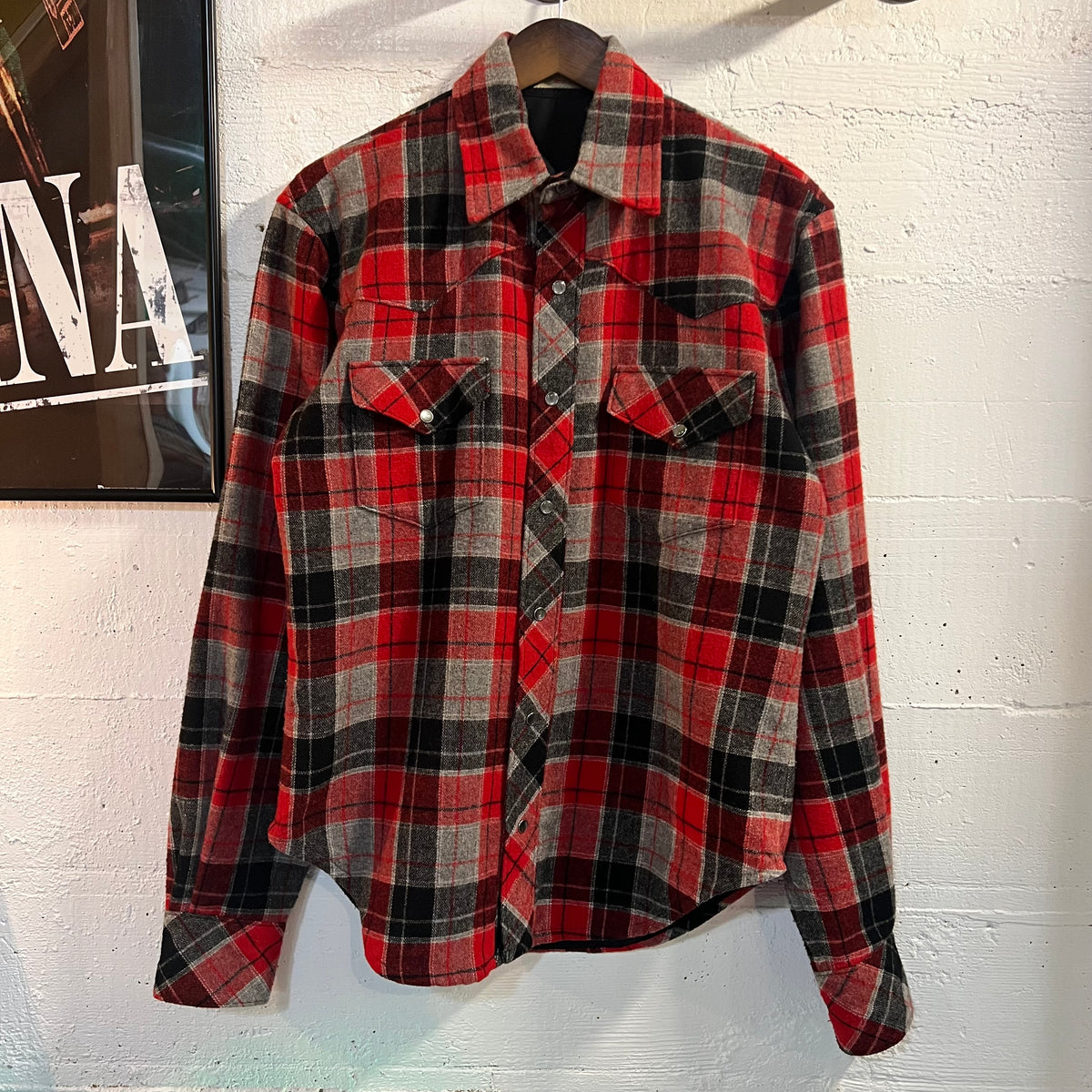 Vintage Hand Made Pearl Snap Southwestern Wool Plaid Flannel - Size Large - Red/Grey/White/Black