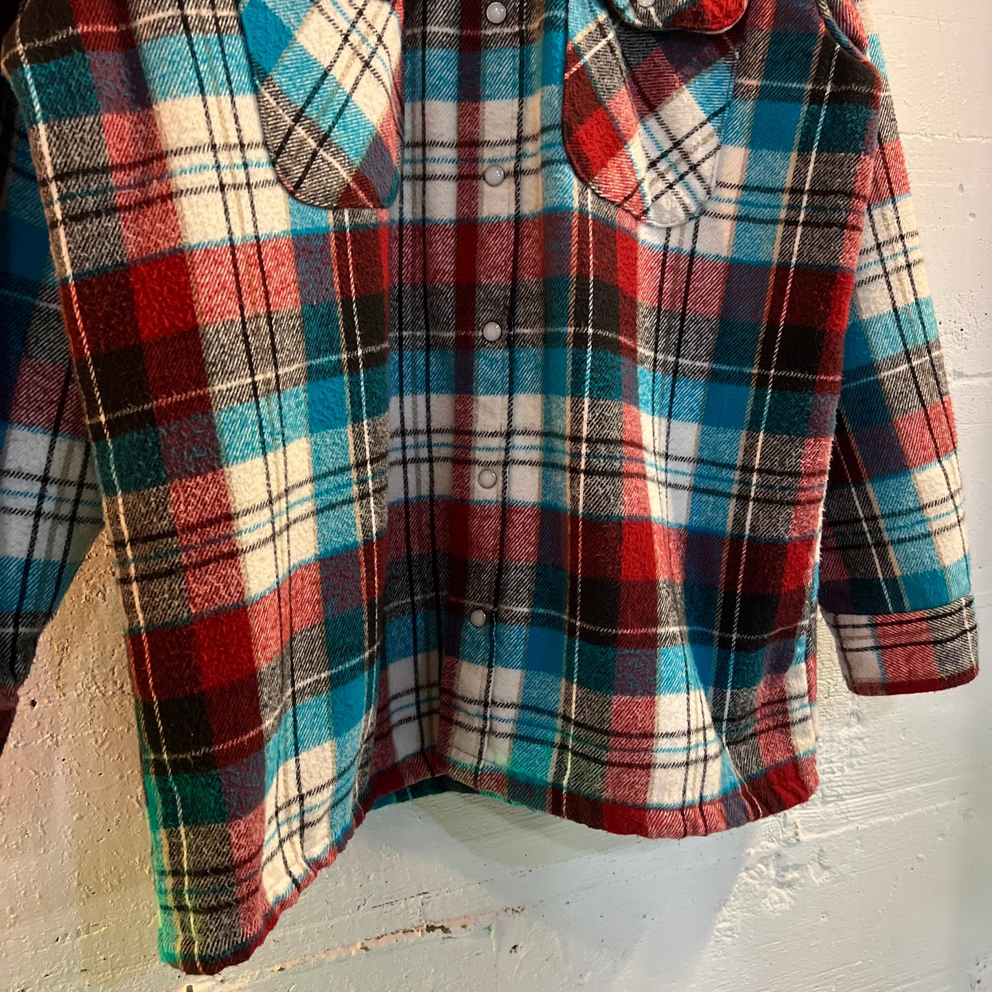 Vintage Quilted Plaid Pearl Snap Flannel Shirt - Size Large - Red/White/Blue