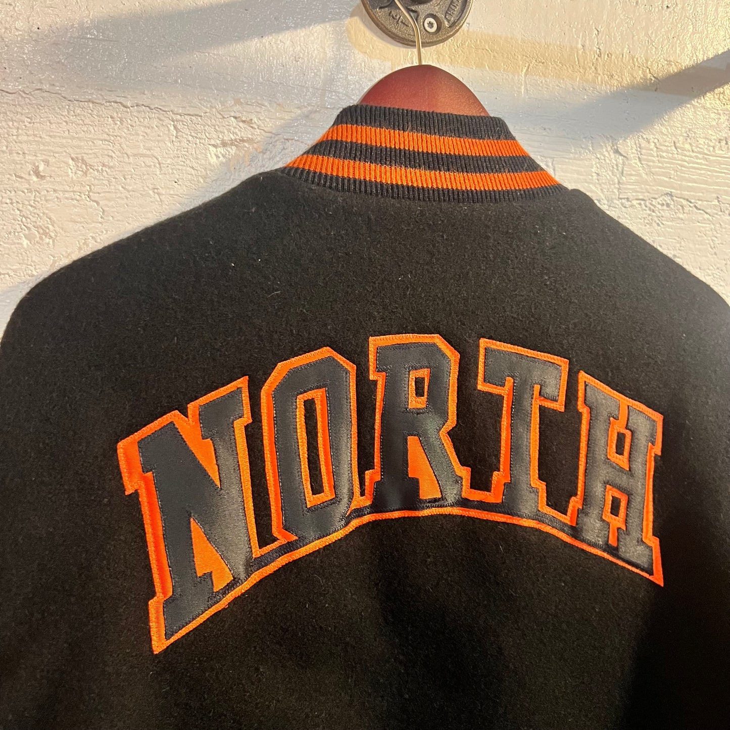Vintage 90's Leather Varsity Letterman Jacket With Chenille Patch - Size XL - Made In USA - Orange/Black