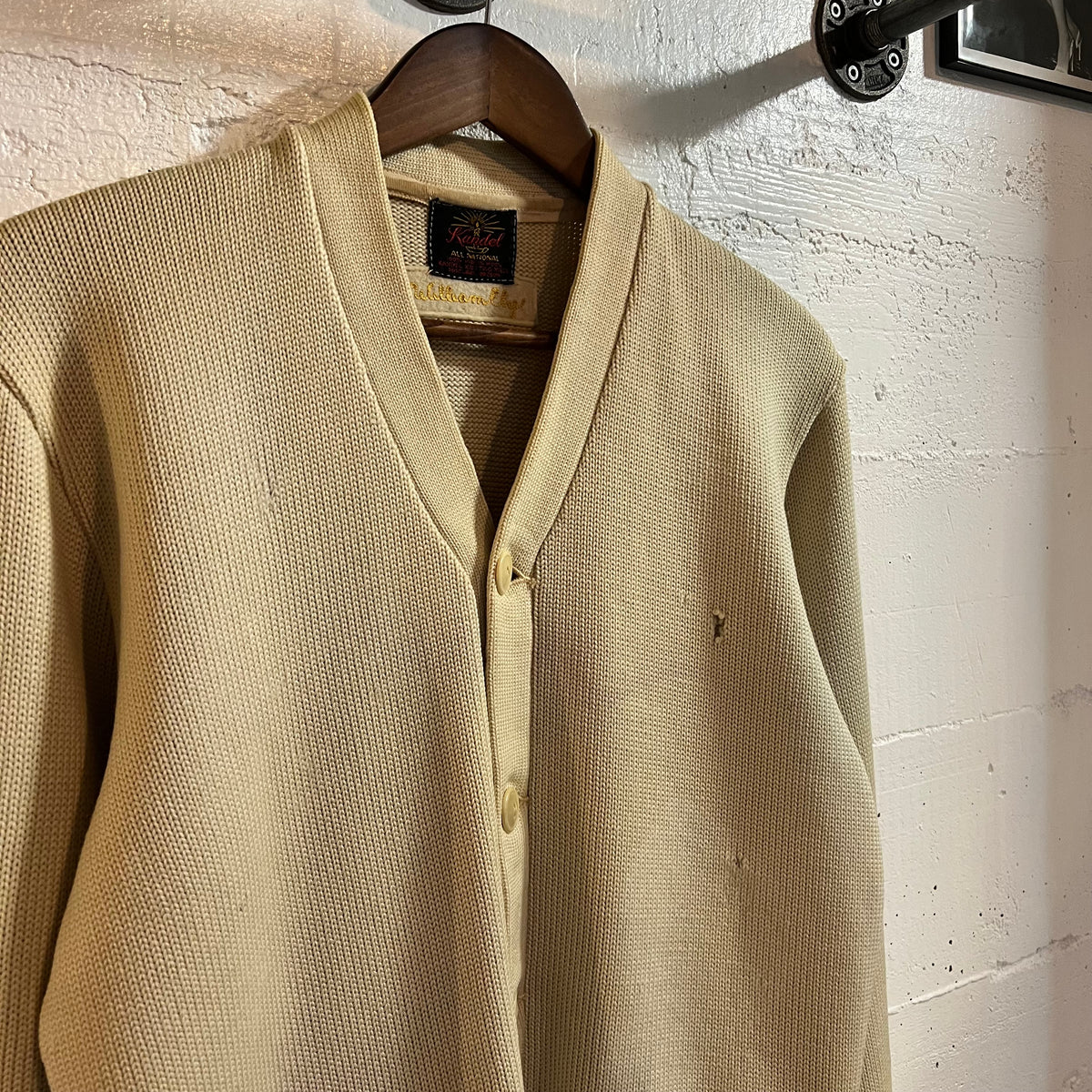 True Vintage Distressed 1950's Kandel Knitting Mills Virgin Wool Varsity Letterman Cardigan Sweater - Size Large - Made In USA - Off-White/Cream/Purple