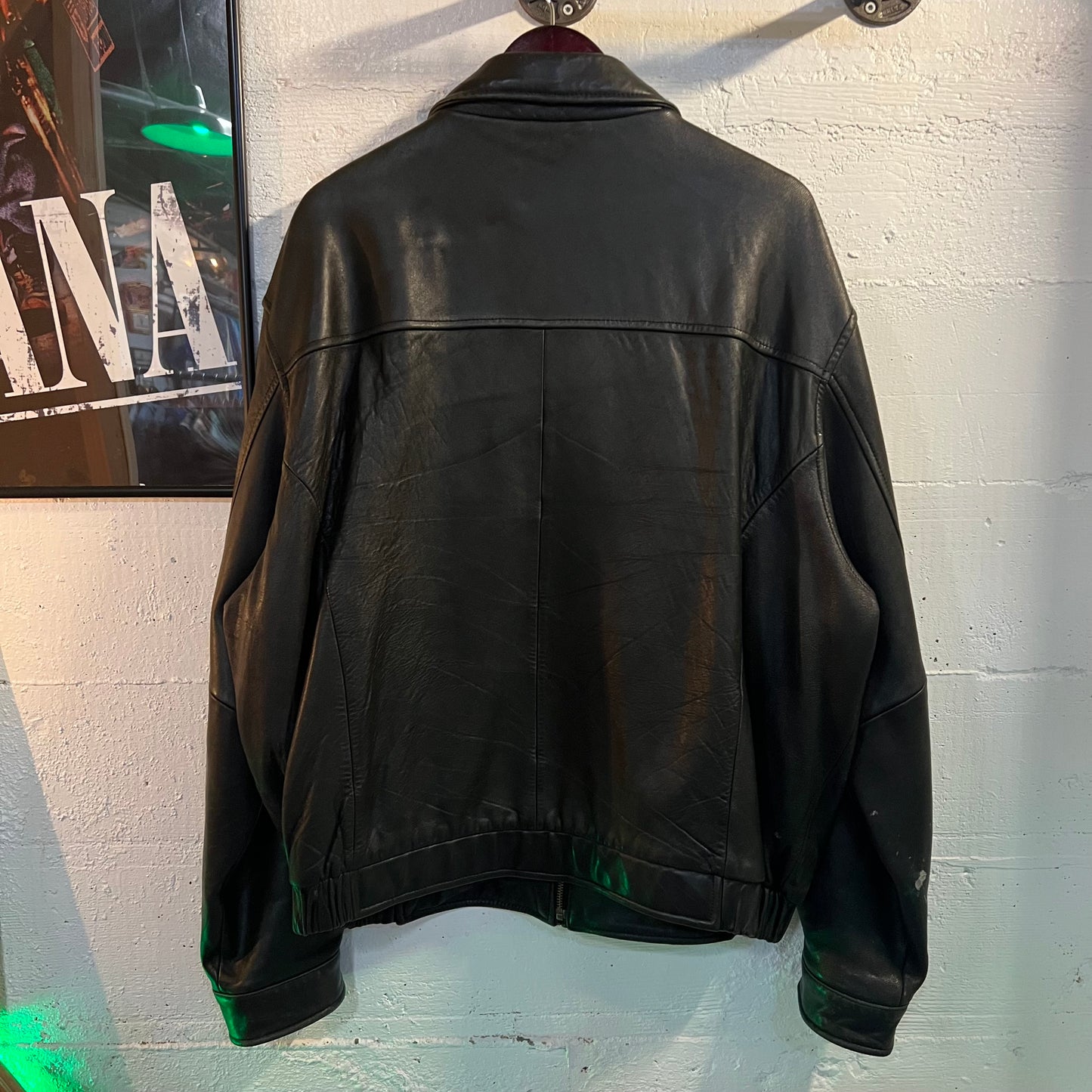 Vintage 90's Hathaway Black Leather Full Zip Bomber Jacket - Size XXL - 100% Leather