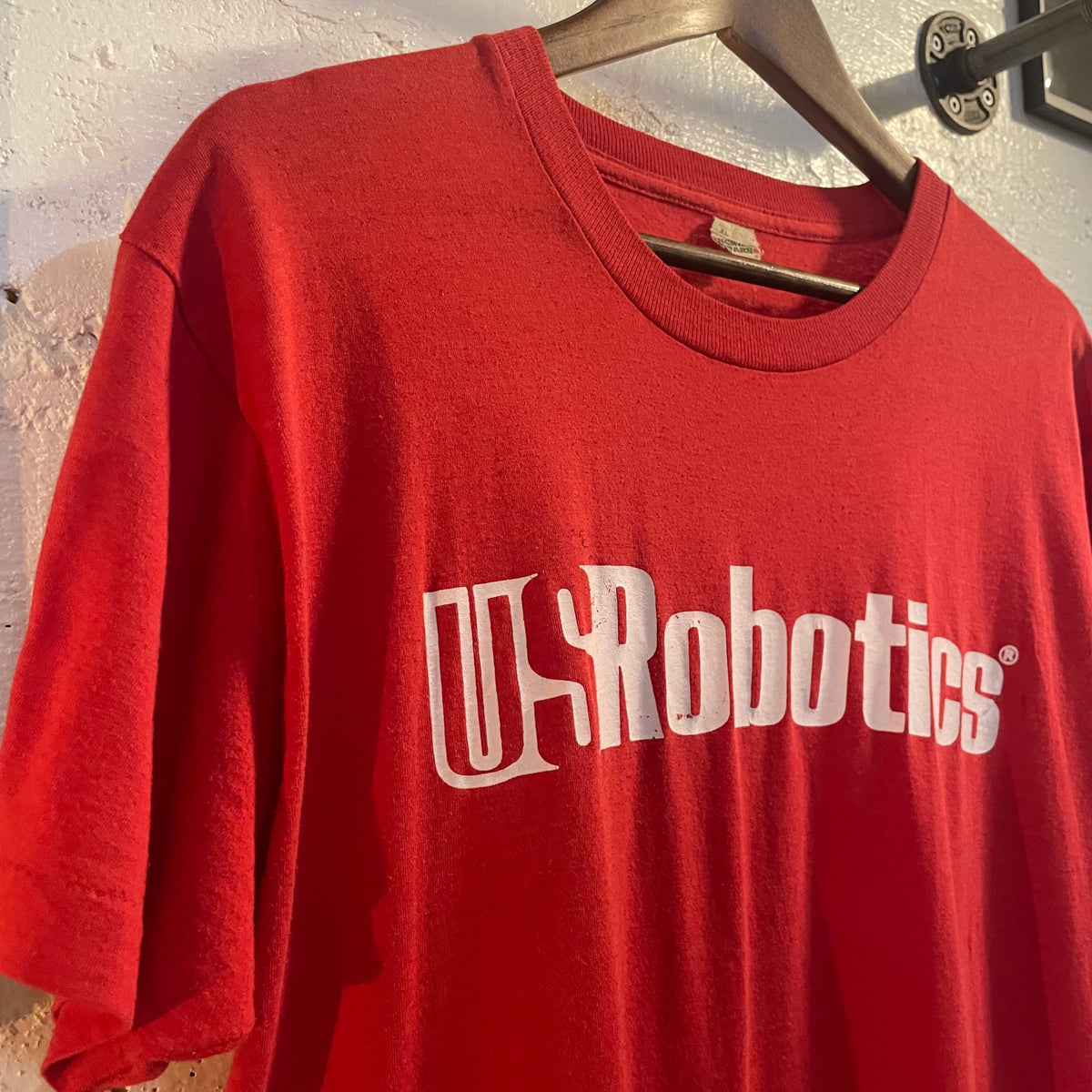 Vintage 1980’s Distressed US Robotics Screen Stars Single Stitch T-Shirt - Size XL - Made In USA - Red/White