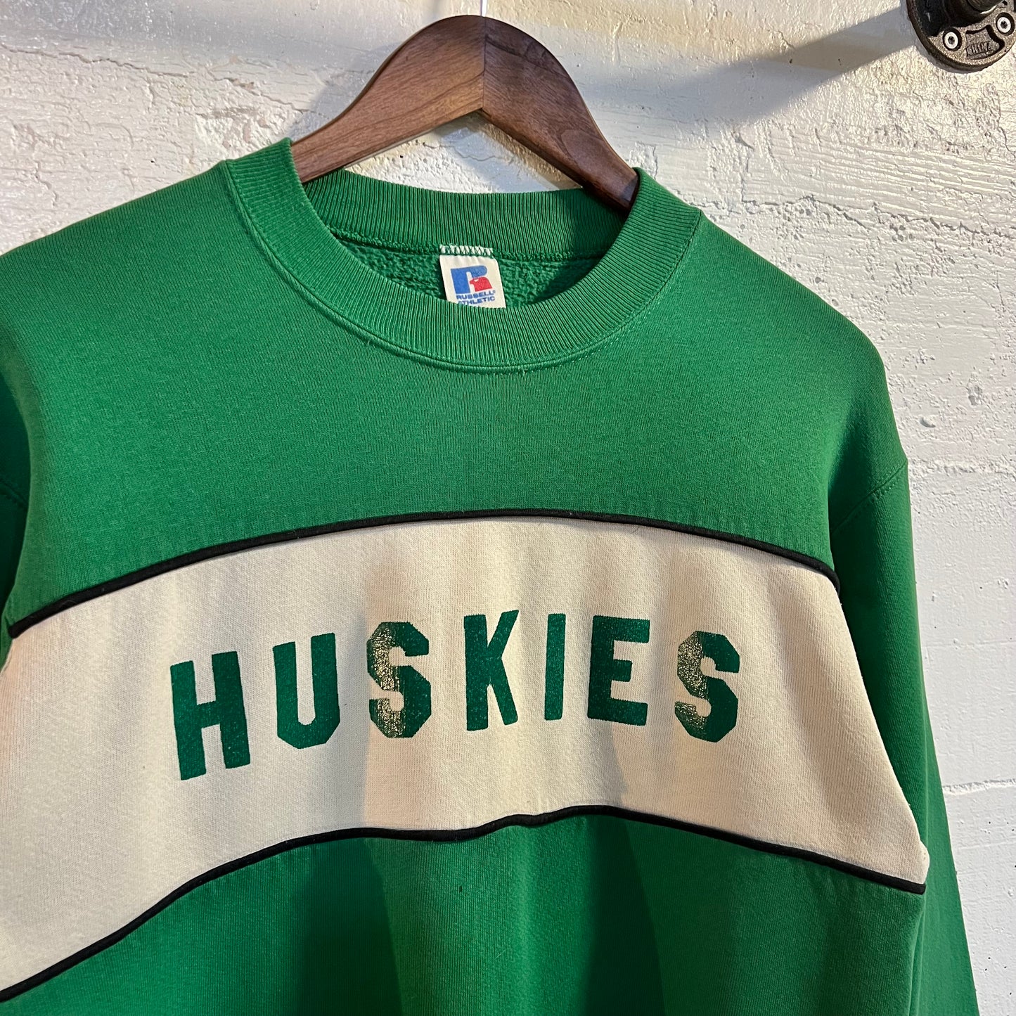 Vintage 1980's Distressed Russell Athletic Huskies Collegiate Crewneck Sweatshirt - Size Medium - Made In USA - Green/White/Black