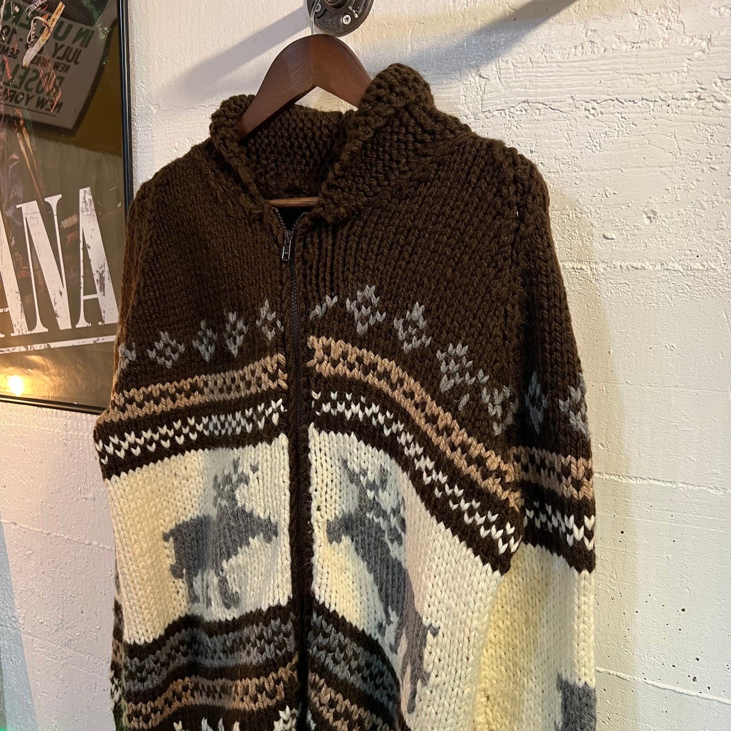 Vintage 1970's Heavy Knit Cotton Moose Intarsia Shawl Collar Zip Sweater - Size L/XL - Cream/Brown
