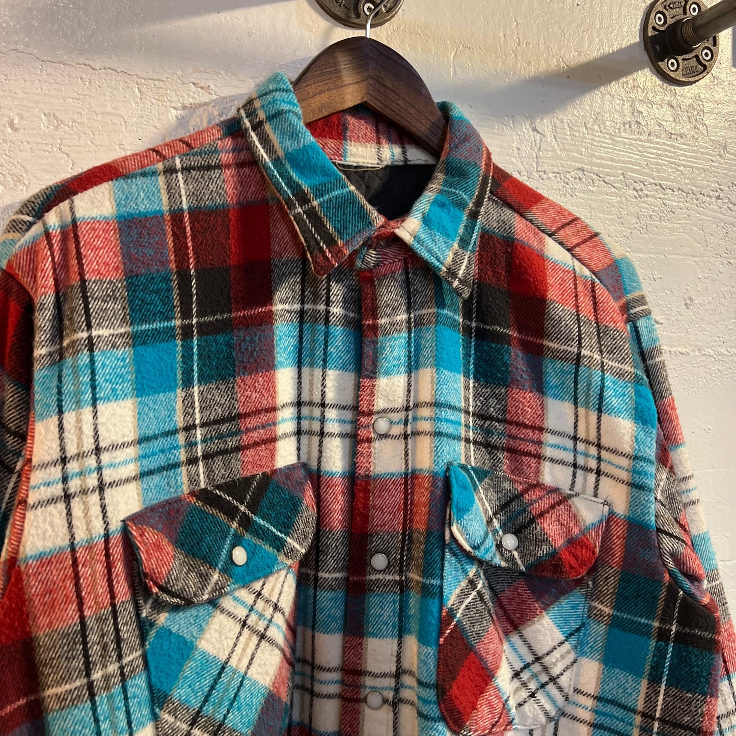 Vintage Quilted Plaid Pearl Snap Flannel Shirt - Size Large - Red/White/Blue