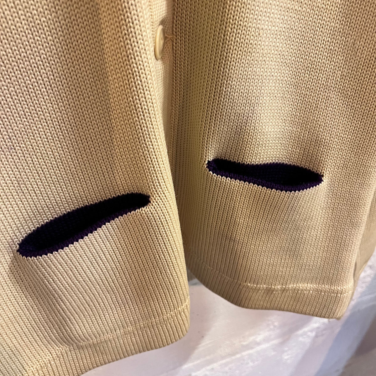 True Vintage Distressed 1950's Kandel Knitting Mills Virgin Wool Varsity Letterman Cardigan Sweater - Size Large - Made In USA - Off-White/Cream/Purple