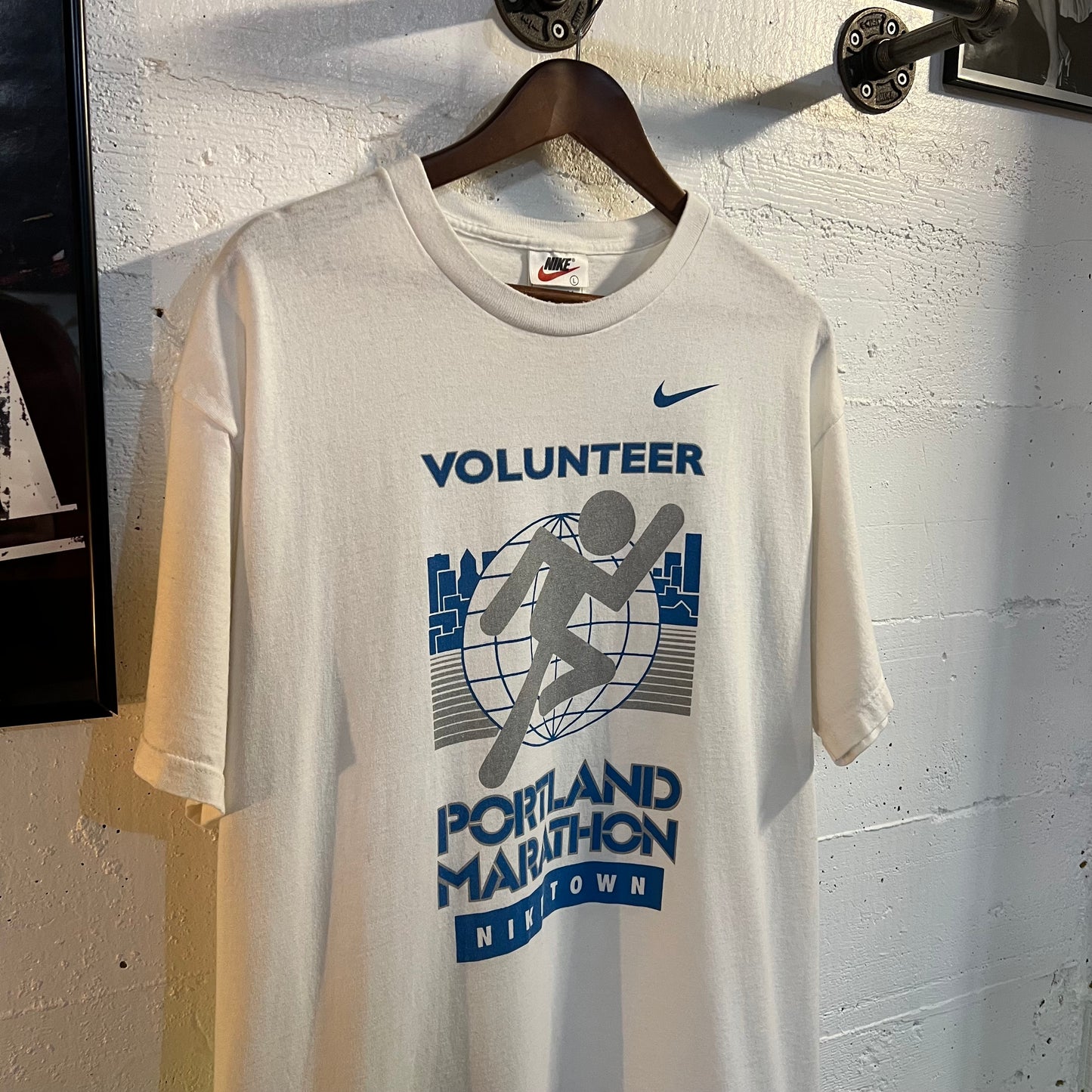 Vintage Nike Volunteer Portland Marathon Nike Town T-Shirt - Size Large - Made In USA - White/Blue/Sparkly Silver