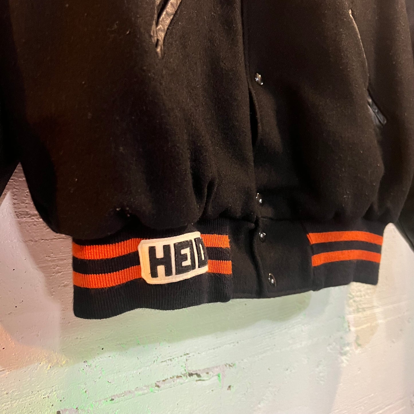 Vintage 90's Leather Varsity Letterman Jacket With Chenille Patch - Size XL - Made In USA - Orange/Black
