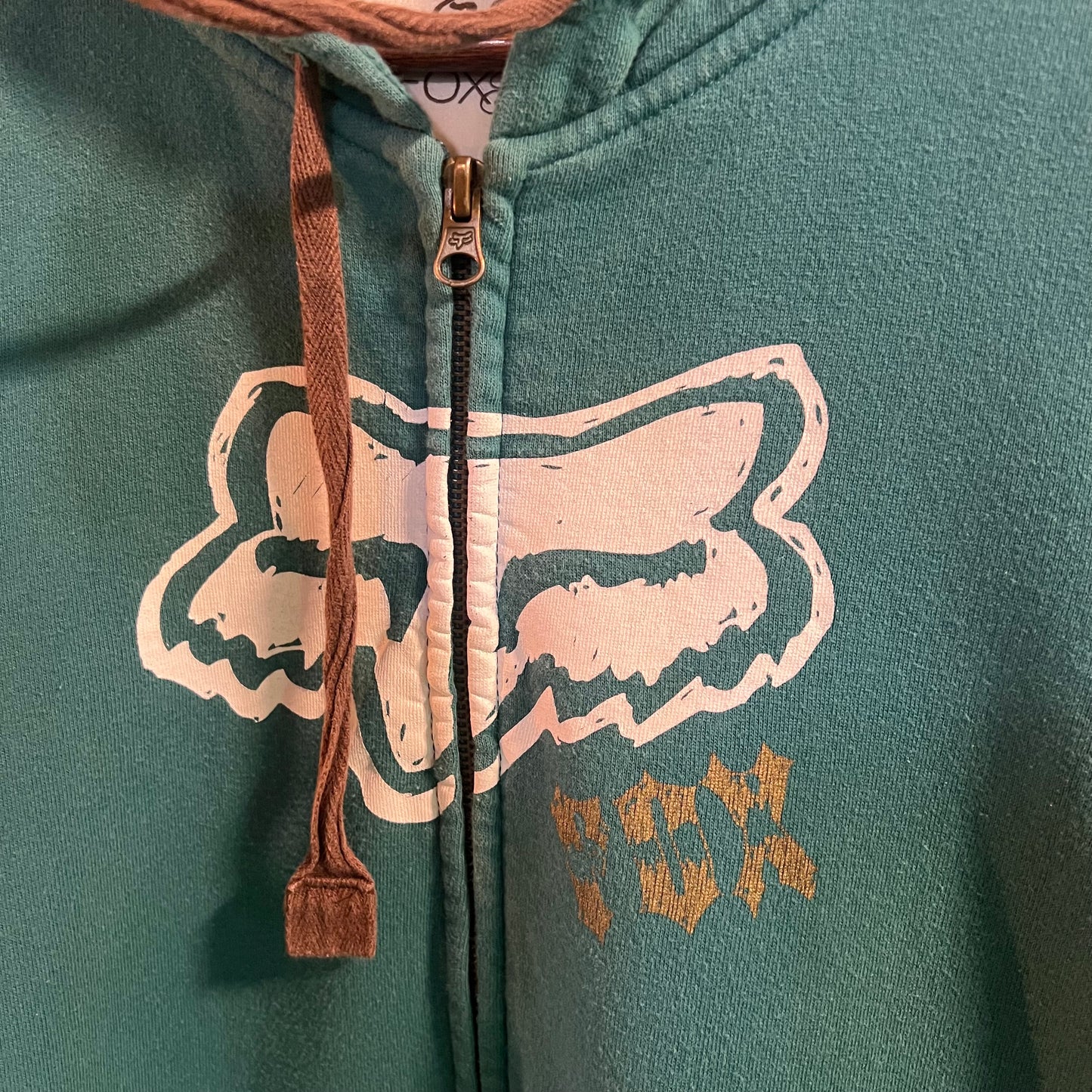Vintage 2000's Y2K Fox Racing Girls 'You Love Fox' Zip-Up Sweatshirt - Size Large - Teal/White