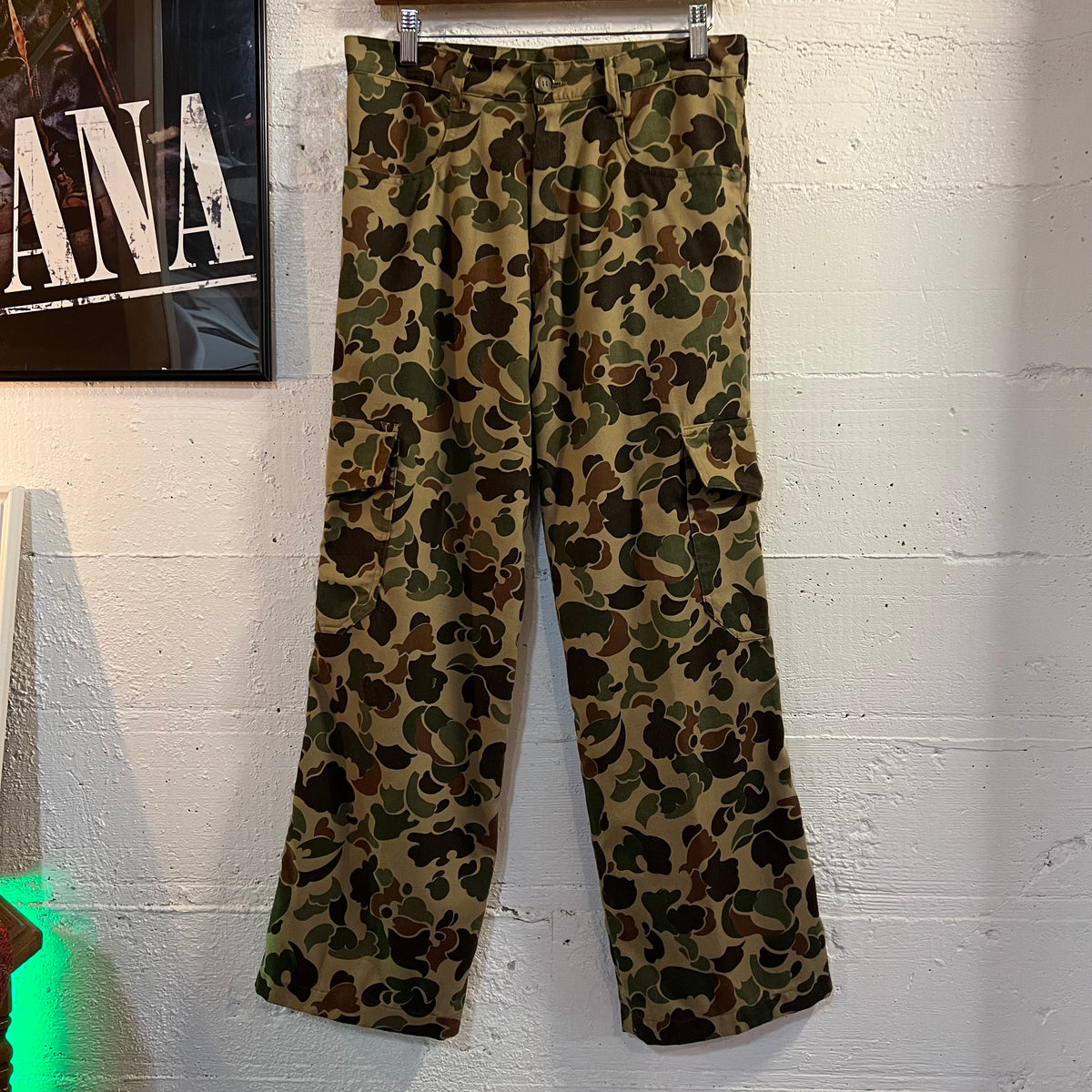 Vintage Duck Camo Cargo Hunting Field Pants - Size 30"/28" - Made In USA - Olive/Brown/Camo