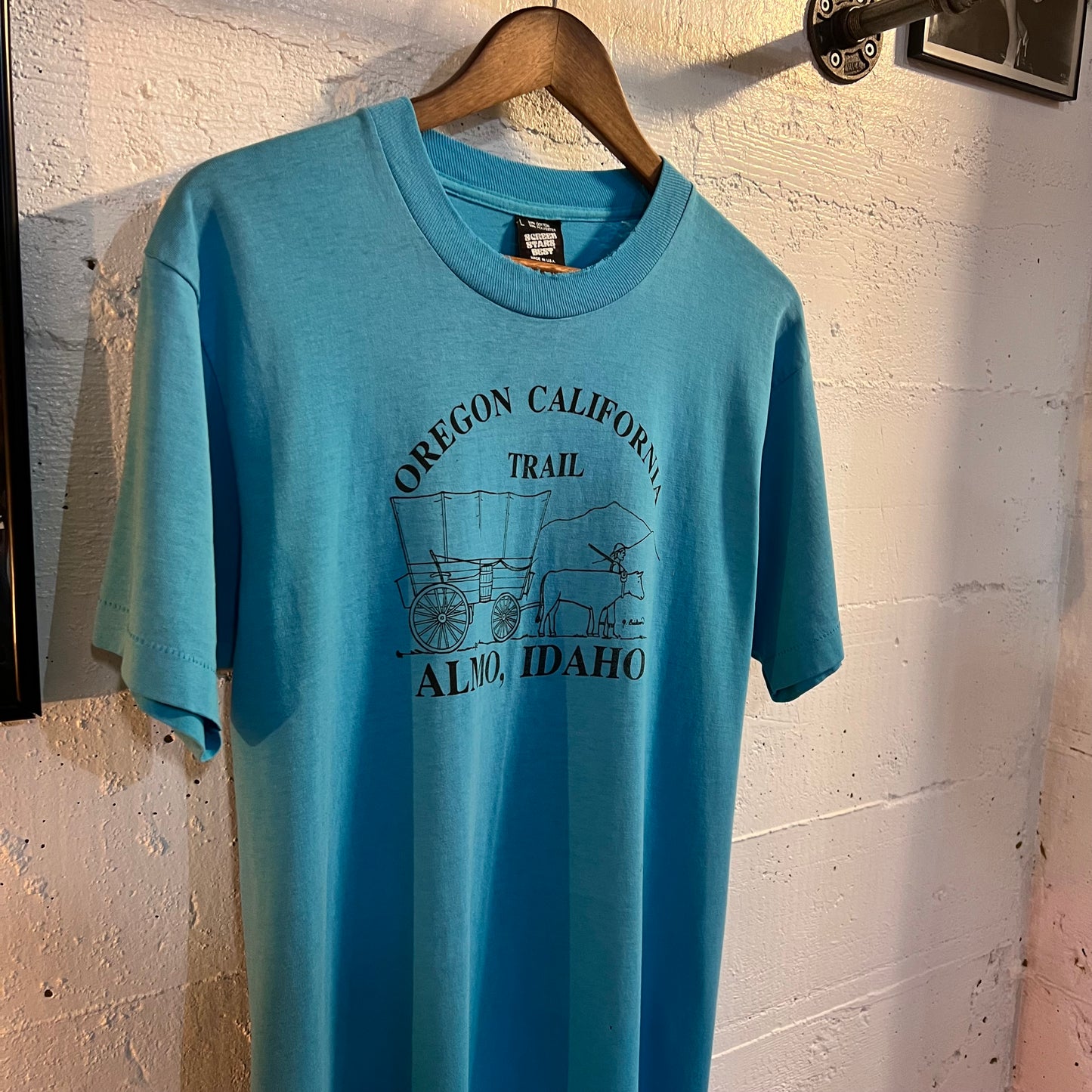 Vintage Oregon California Trail ‘Almo, Idaho' Distressed Single Stitch T-Shirt - Size Large - Made In USA - Blue/Black