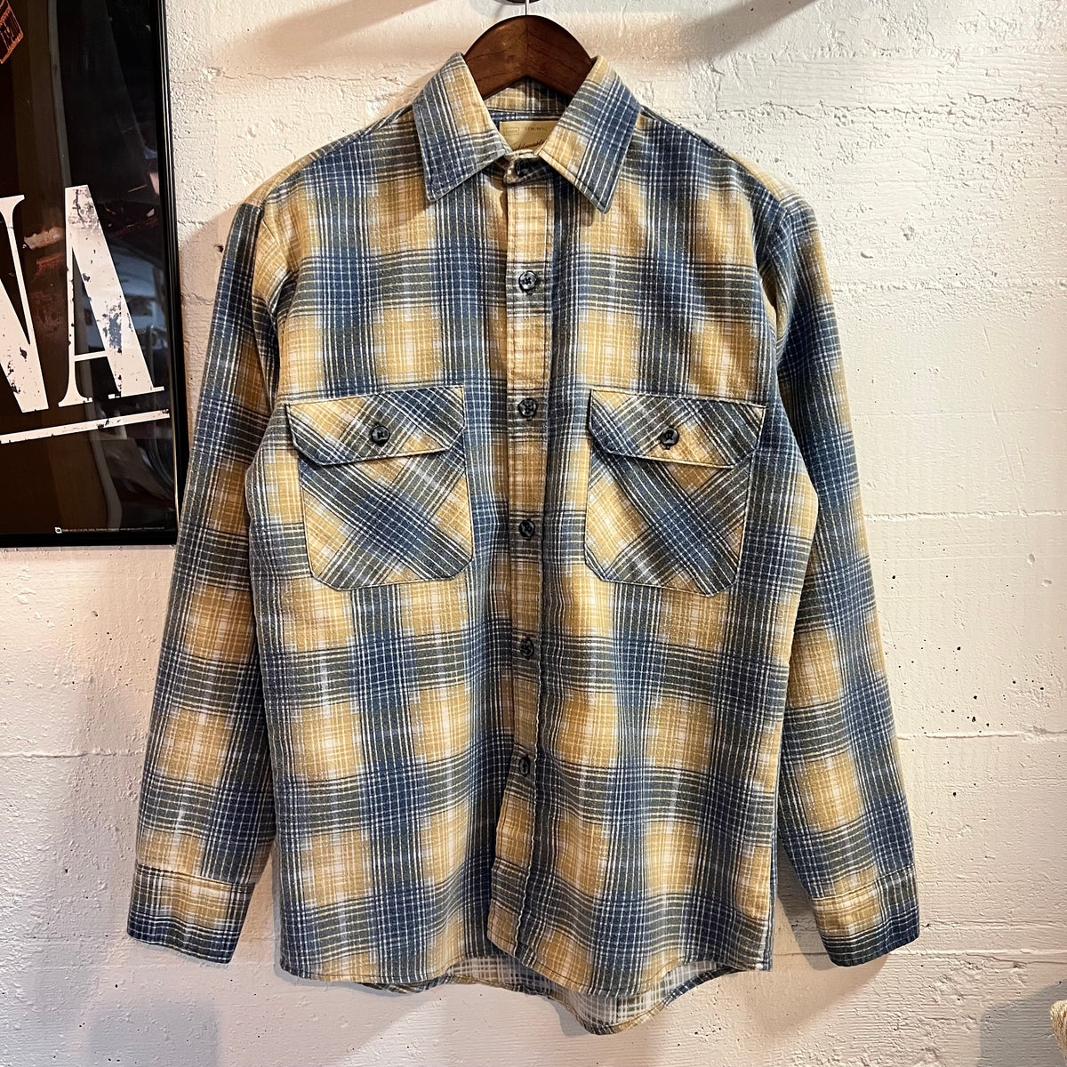 True Vintage 1970's Fieldmaster By Sears Perma-Prest Shadow Plaid Button Up Flannel Shirt - Size Small - Made In USA - Blue/Tan/White