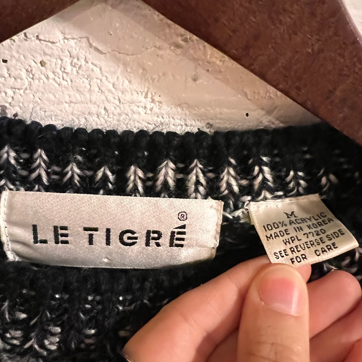 Vintage 80’s/90’s Le Tigré Heavyweight Acrylic Abstract Geometric Panel Knitted Sweater - Size Medium - Black/Blueish Grey/White