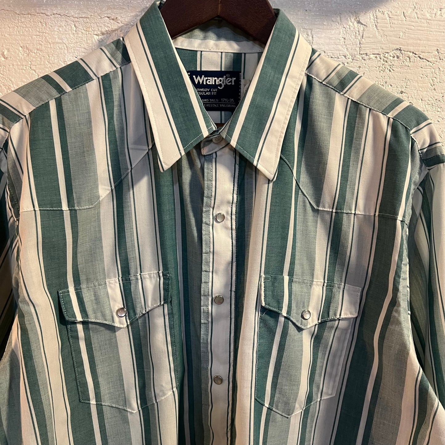 Vintage 90's Wrangler Cowboy Cut Western Pearl Snap Striped Shirt - Size XL - Made In USA - White/Green