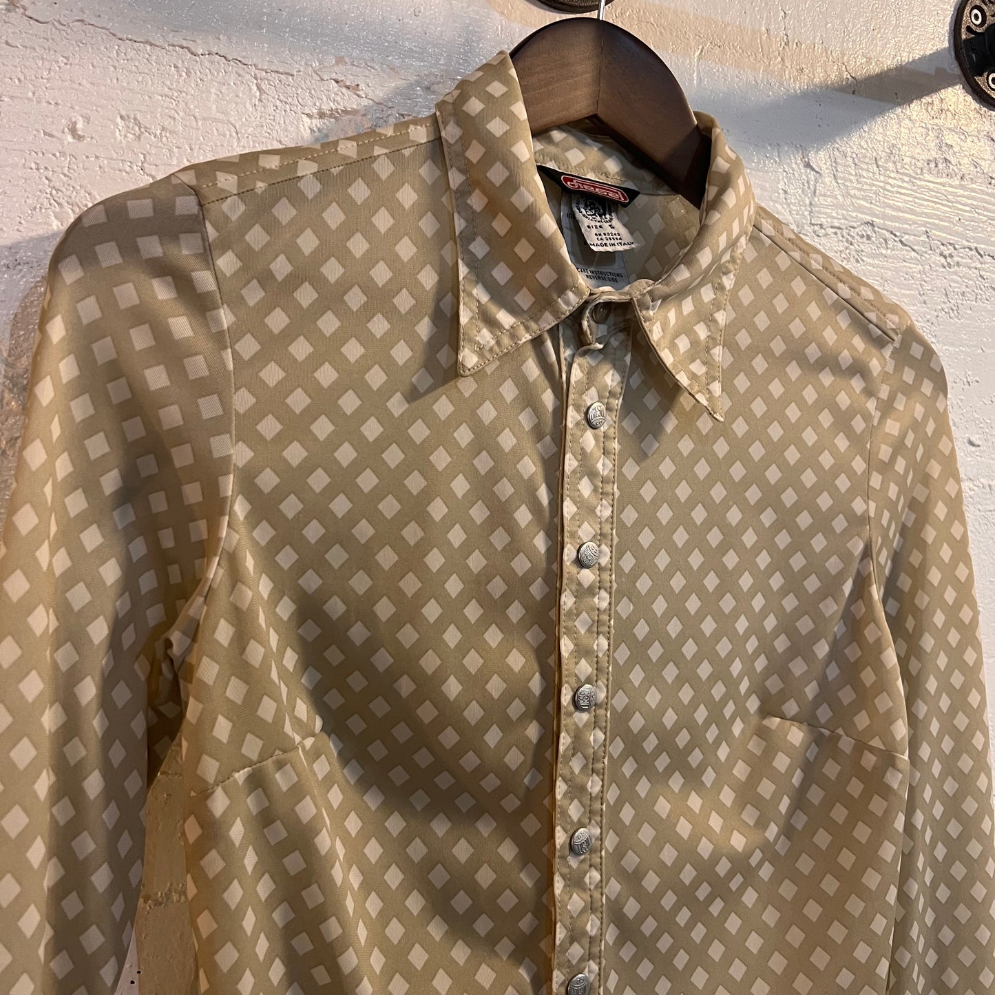 Vintage Diesel Nylon Button-Up Long Sleeve Collard Blouse - Size Small - White/Beige - Made In Italy