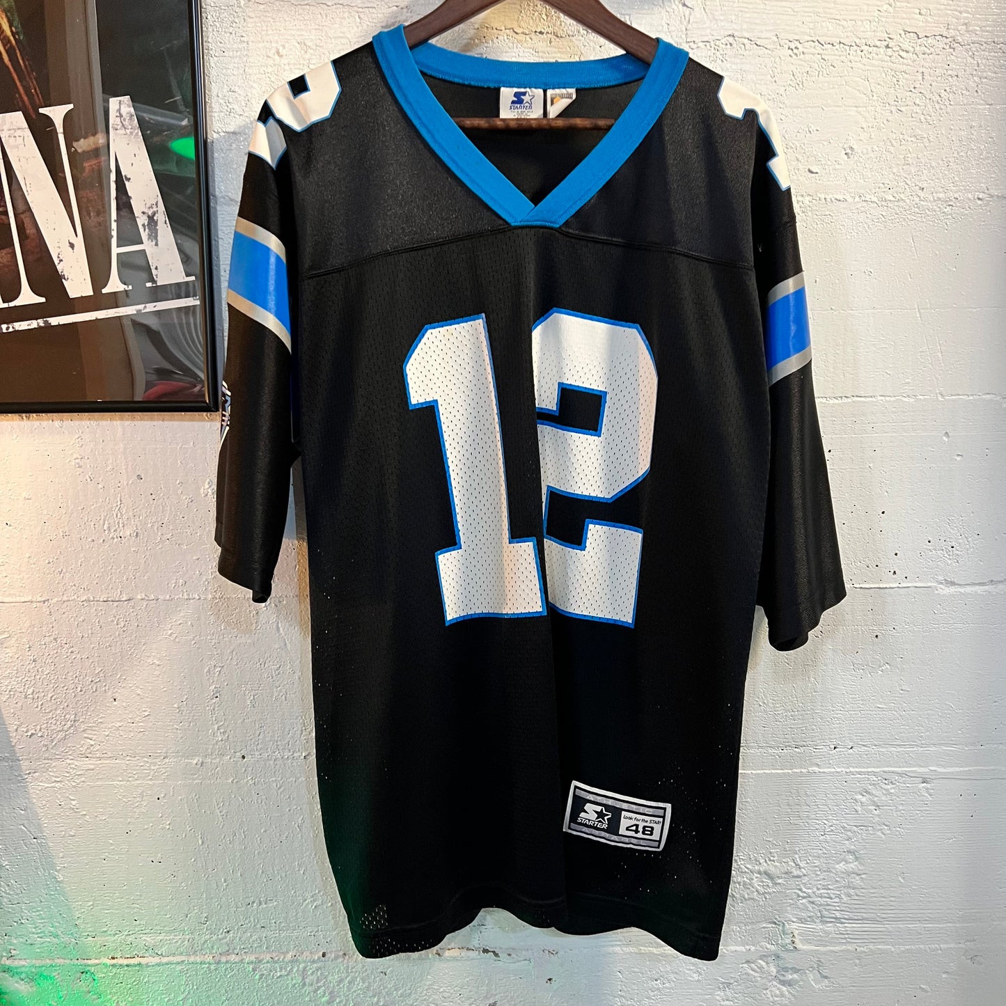 Vintage 90’s Starter Carolina Panthers ‘Collins #12’ Football Jersey - Size Large - Black/White/Blue