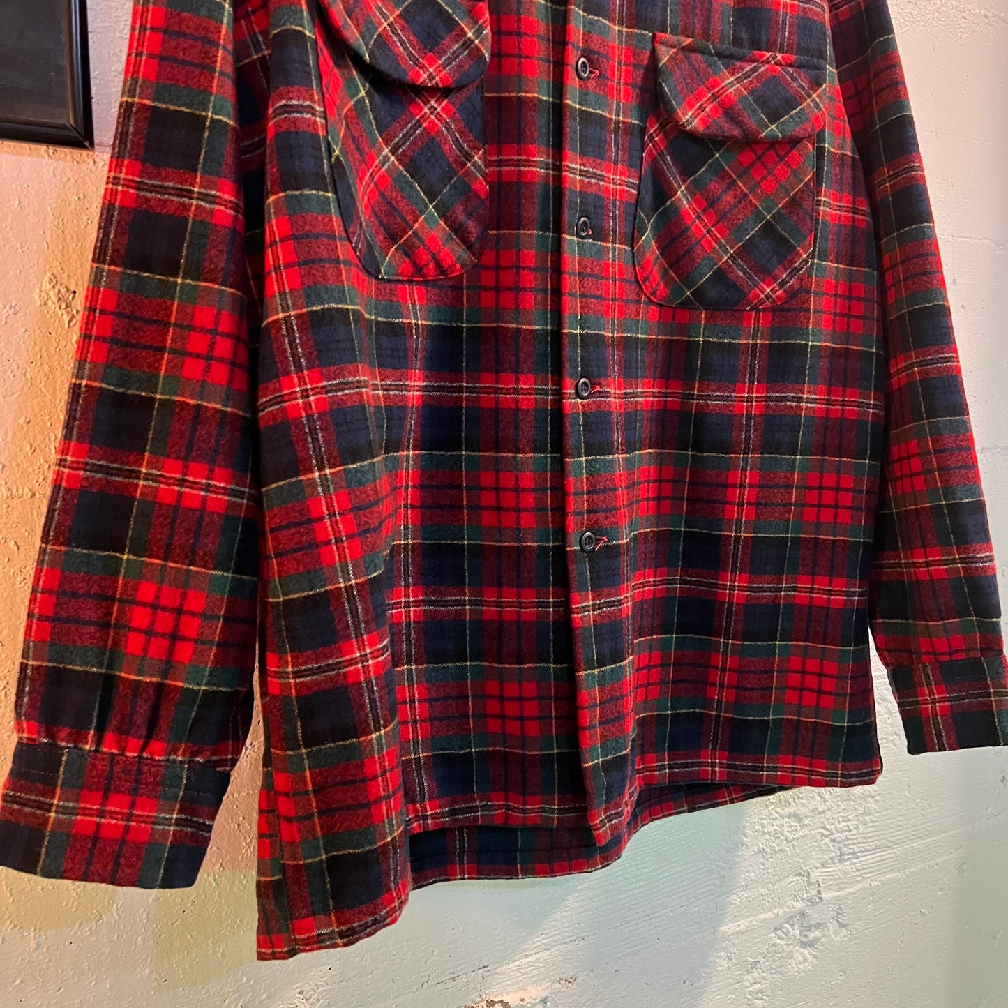 Vintage 60's/70's Pendleton Plaid Virgin Wool Board Shirt W/ Loop Collar - Size Large - Made In USA - Red/Green/Blue/Yellow