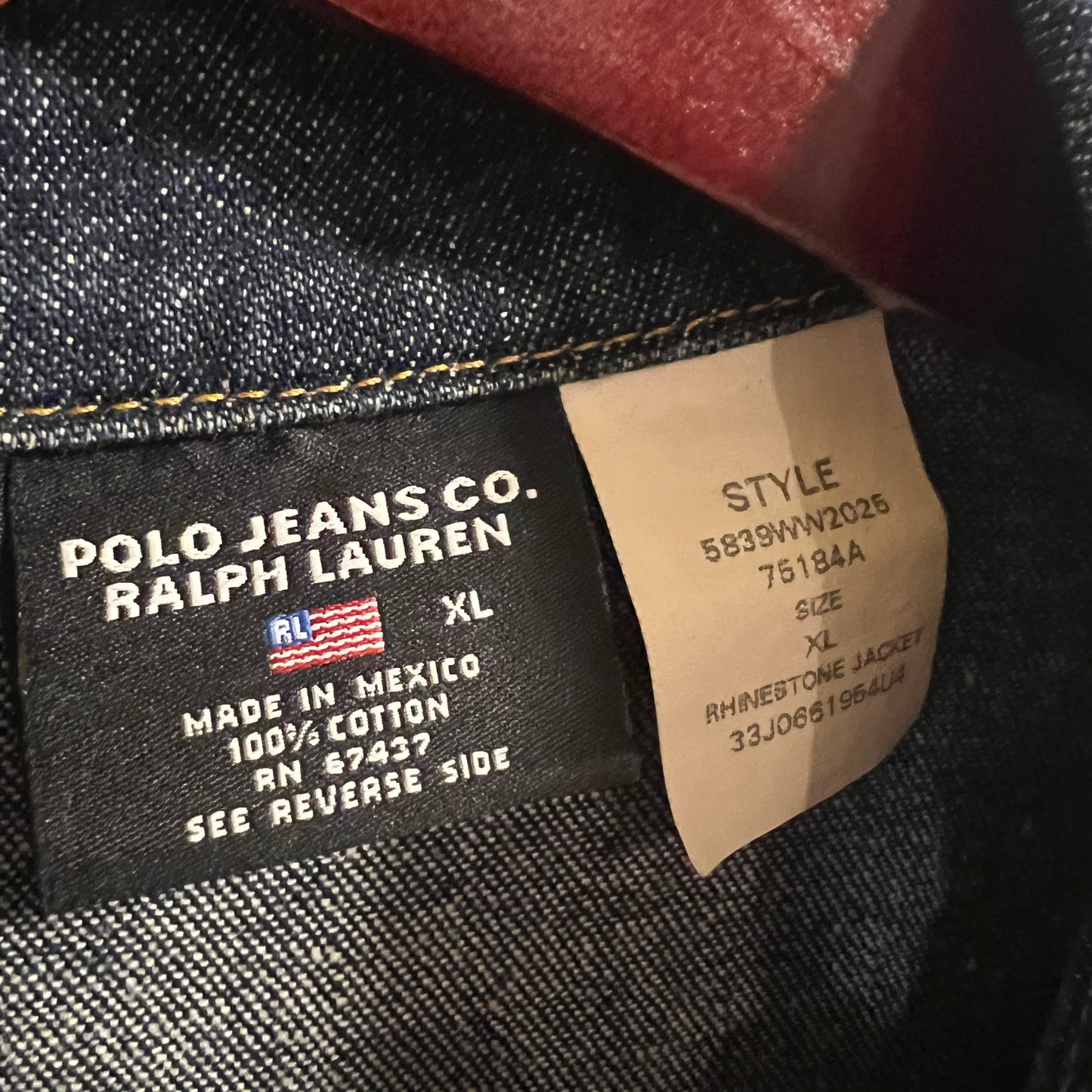 Vintage Polo Jeans Co. Ralph Lauren Rhinestone Flag Denim Trucker Jacket - Size XL - Raw Dark Indigo
