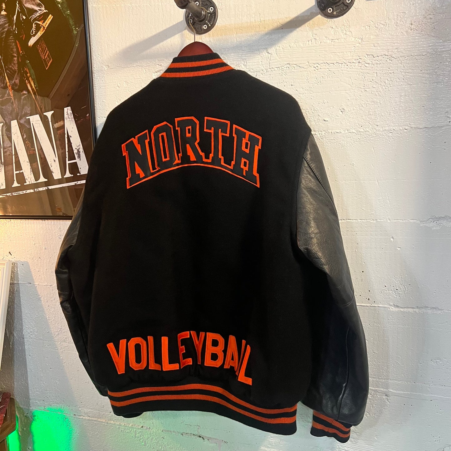 Vintage 90's Leather Varsity Letterman Jacket With Chenille Patch - Size XL - Made In USA - Orange/Black
