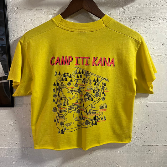 Vintage 90’s Camp Iti Kana Weekends In The Woods Cropped Baby T-Shirt - Size Medium - Yellow/Black/Pink