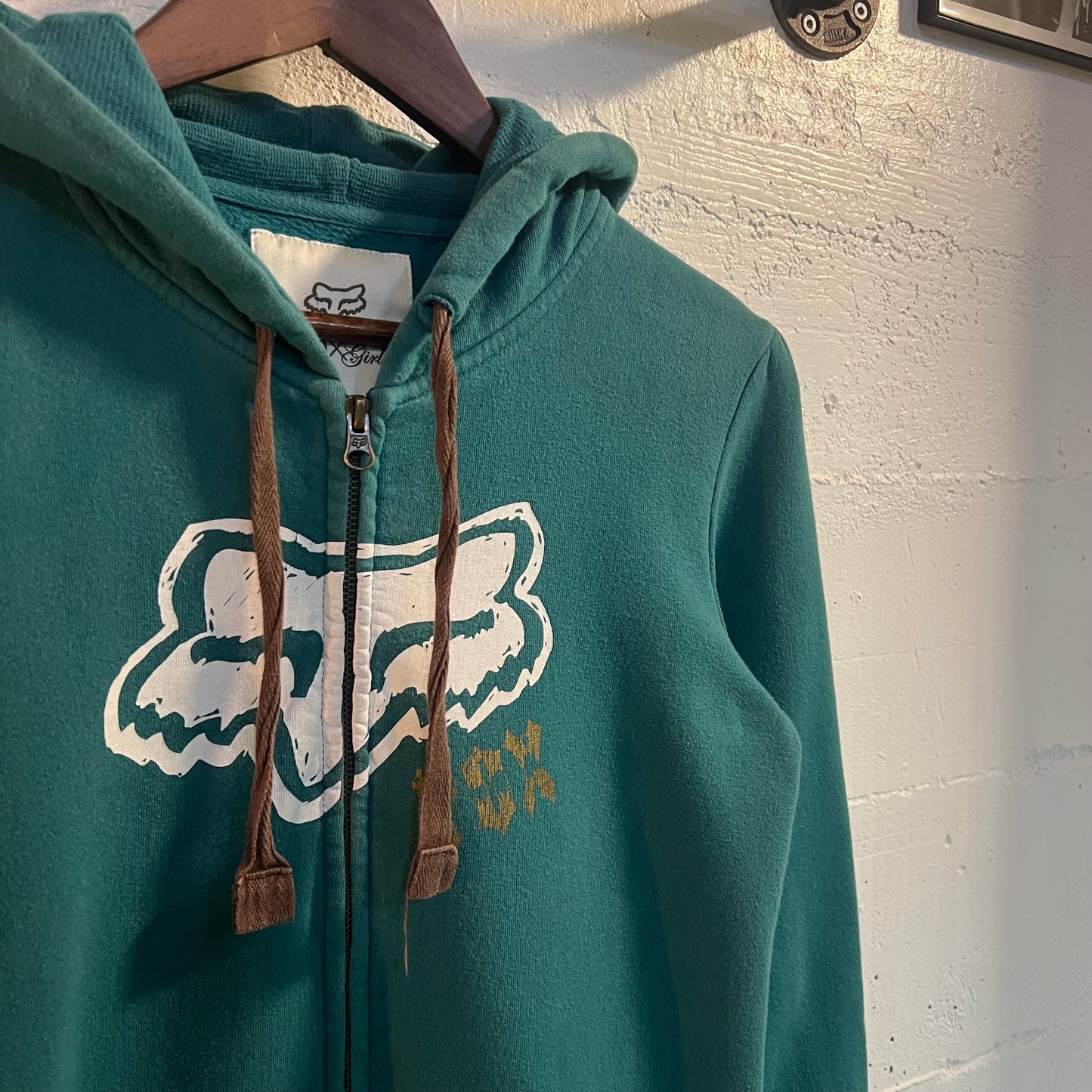 Vintage 2000's Y2K Fox Racing Girls 'You Love Fox' Zip-Up Sweatshirt - Size Large - Teal/White