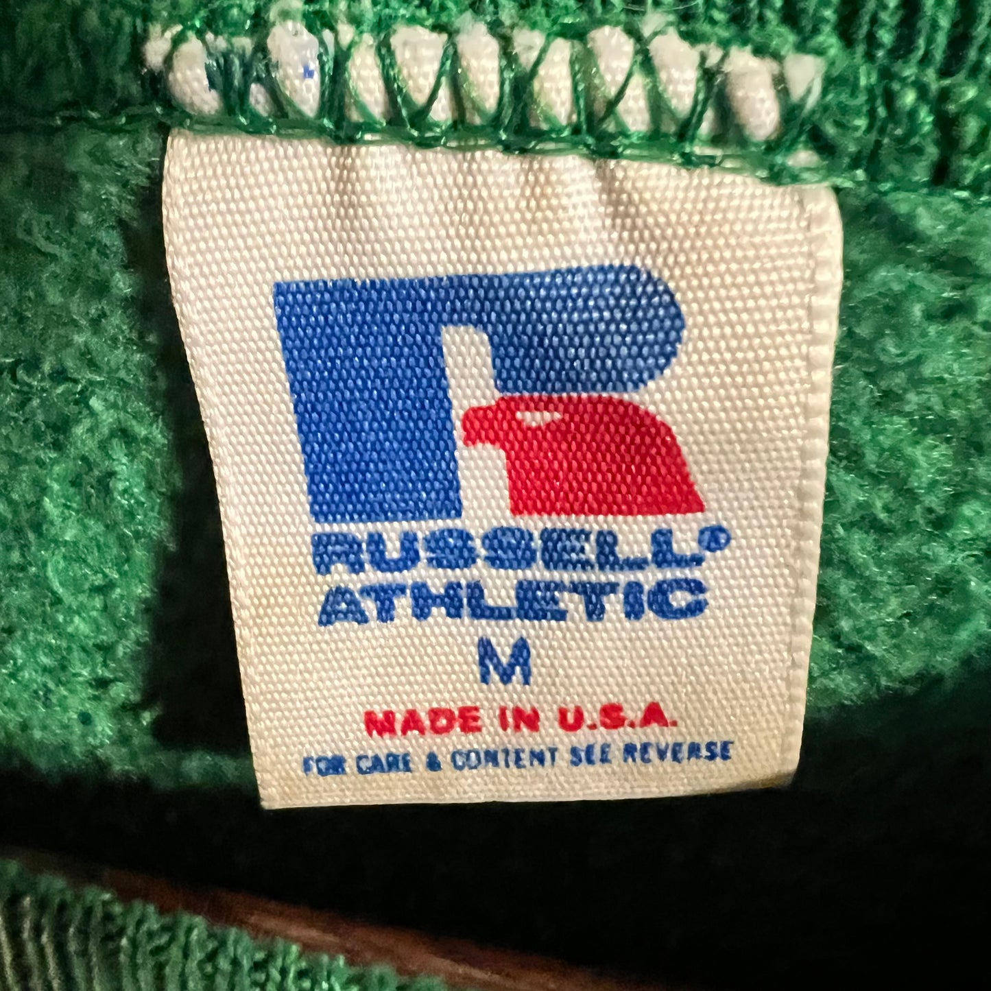 Vintage 1980's Distressed Russell Athletic Huskies Collegiate Crewneck Sweatshirt - Size Medium - Made In USA - Green/White/Black