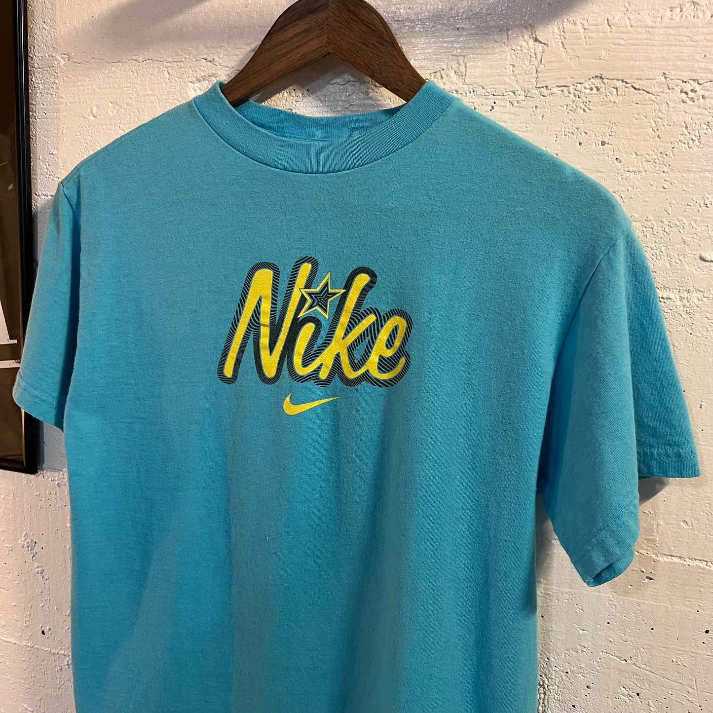 Vintage 90’s Nike Big Logo Baby T-Shirt - Size Medium - Blue/Yellow