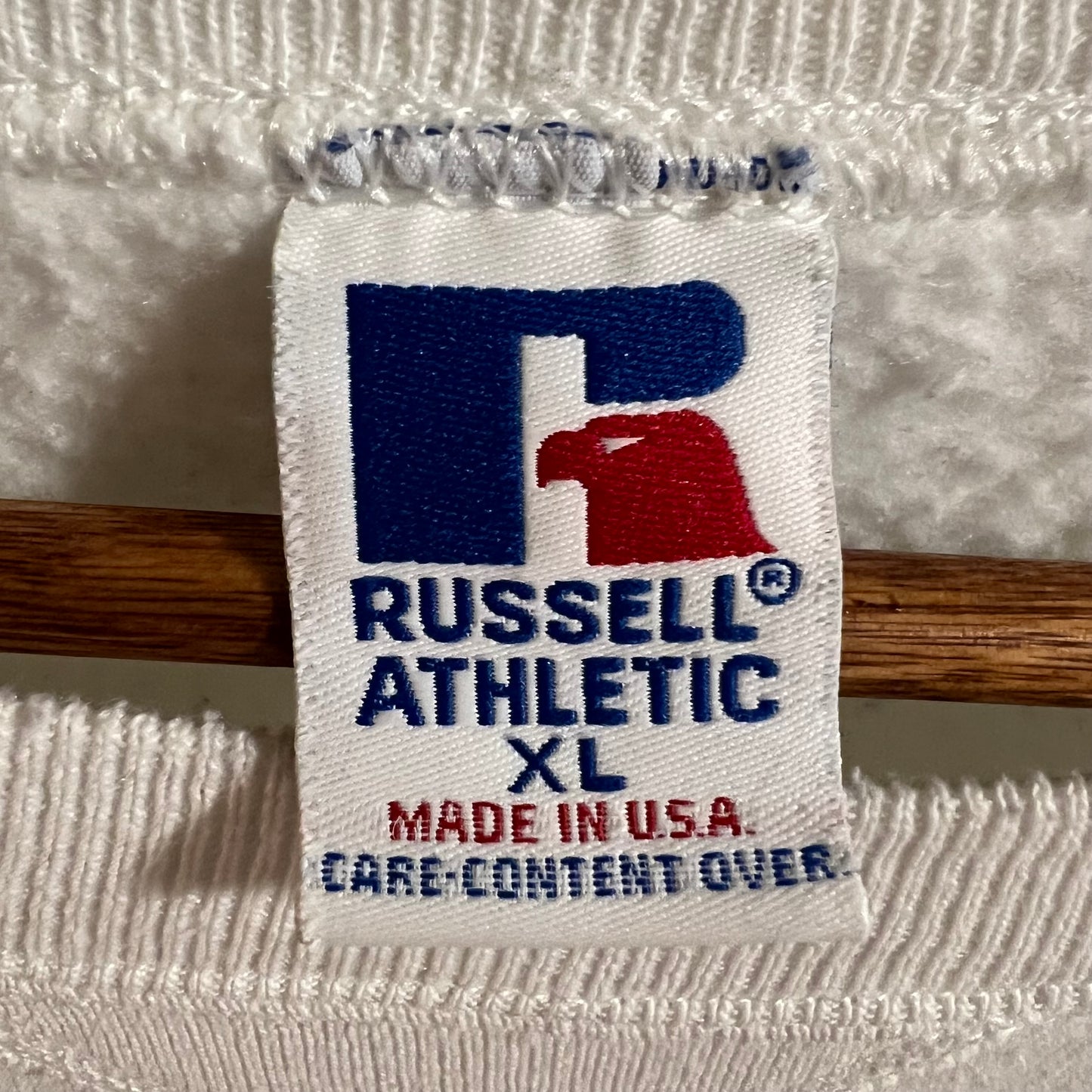 Vintage 1989 Russell Athletic Carmel Football State Champions Crewneck Sweatshirt - Size XL - Made In USA - White/Yellow/Blue