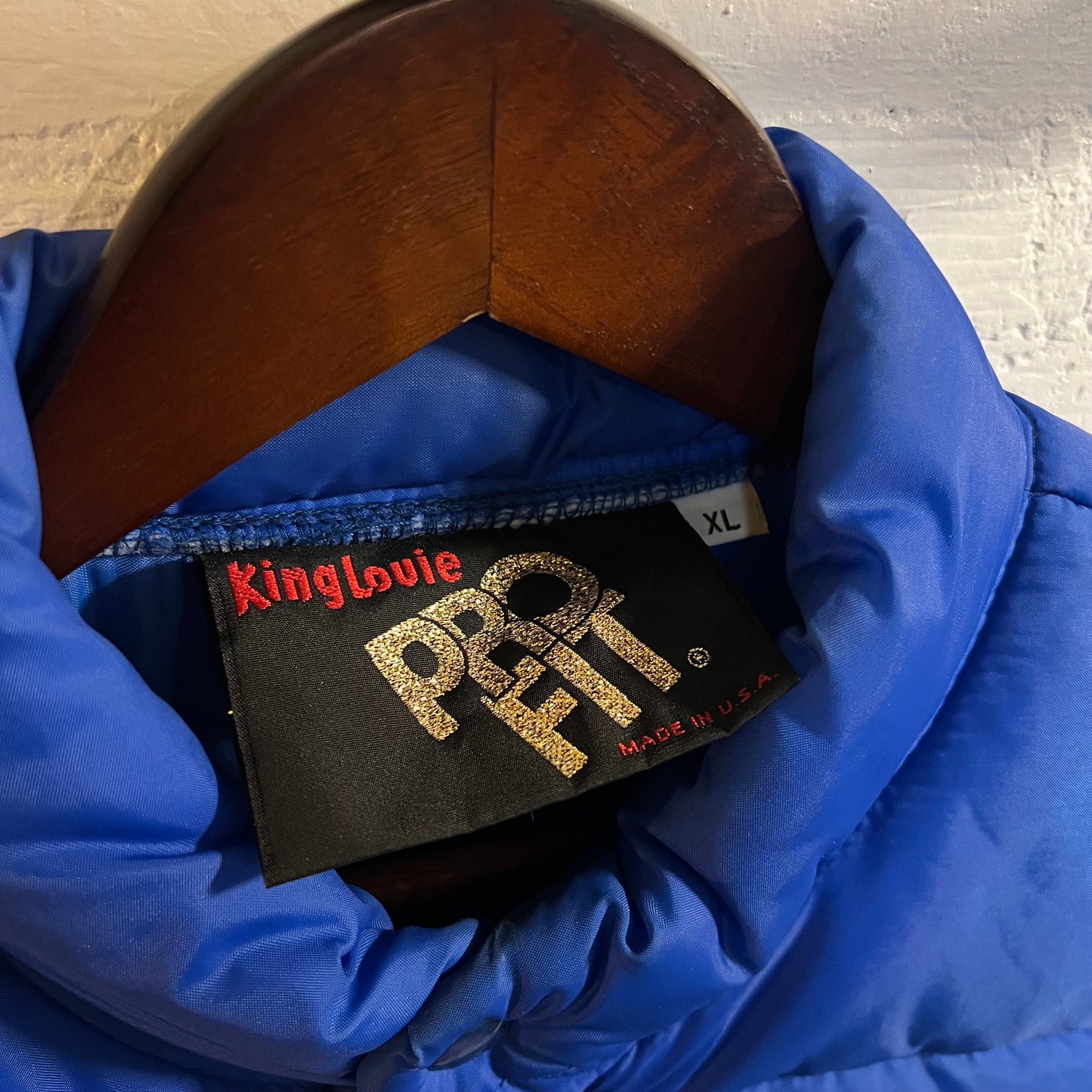 Vintage 80’s King Louie Pro Fit Embroidered Satin Bomber Snap Button Vest - Size XL - Made In USA - Blue/Multi