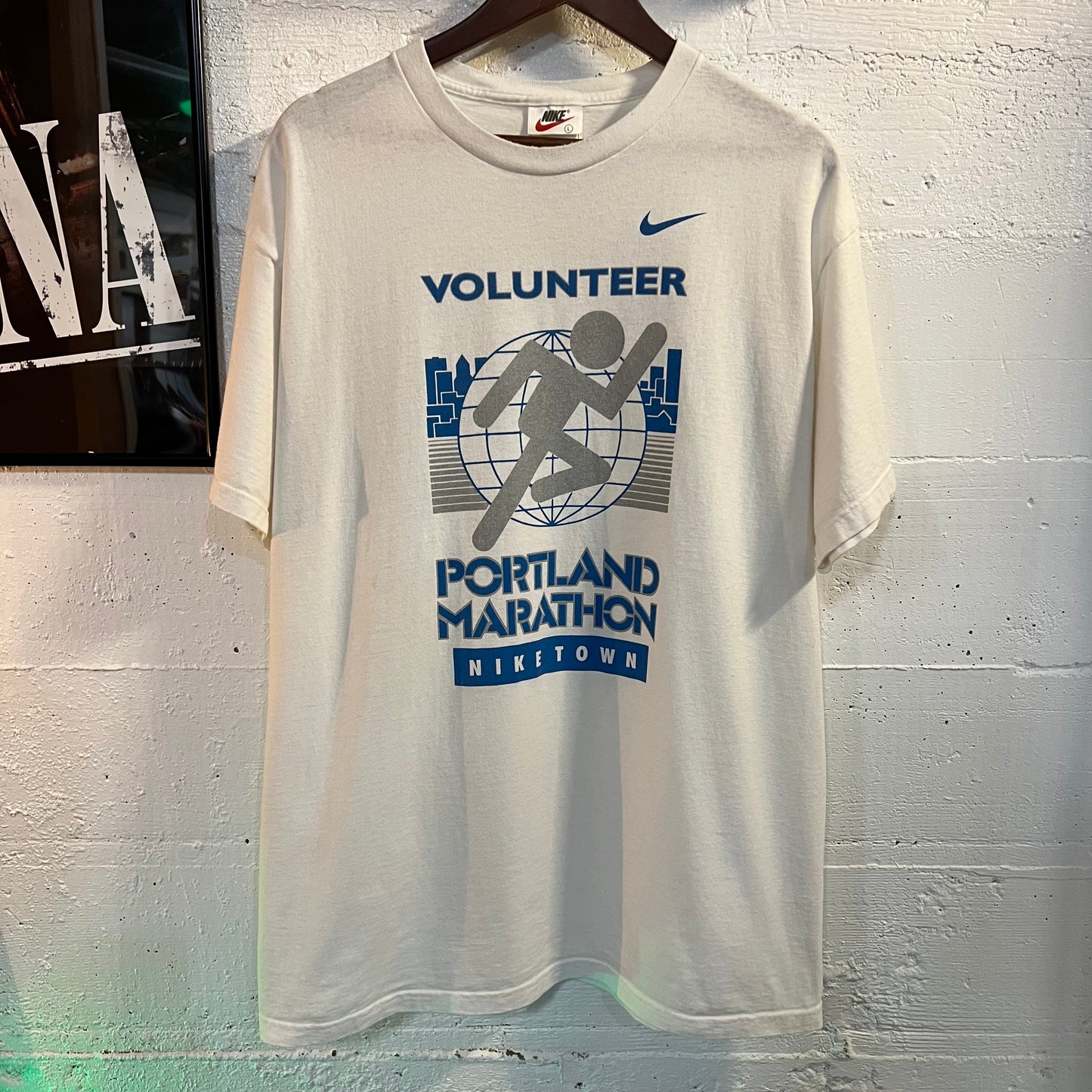 Vintage Nike Volunteer Portland Marathon Nike Town T-Shirt - Size Large - Made In USA - White/Blue/Sparkly Silver