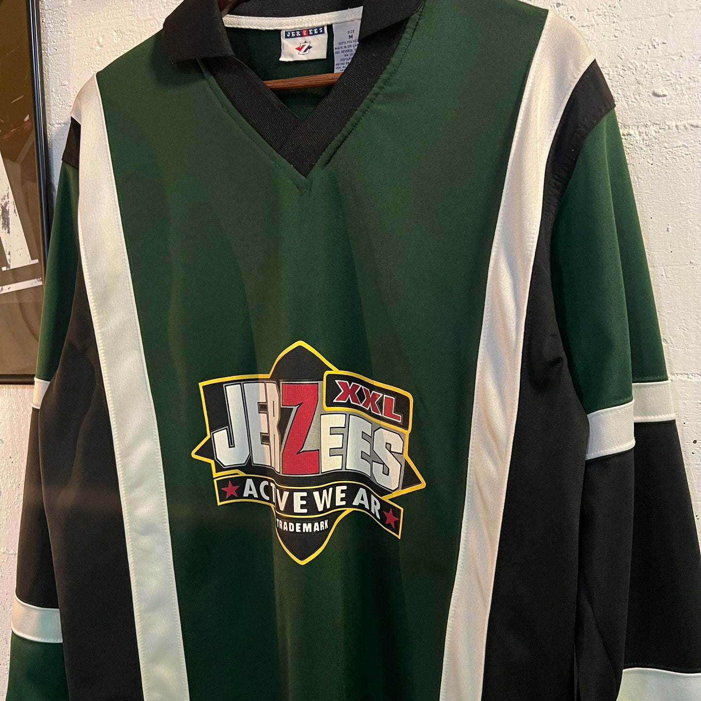 Vintage Jerzees Activewear Rugby Style Long Sleeve Jersey - Size Medium - Green/White/Black