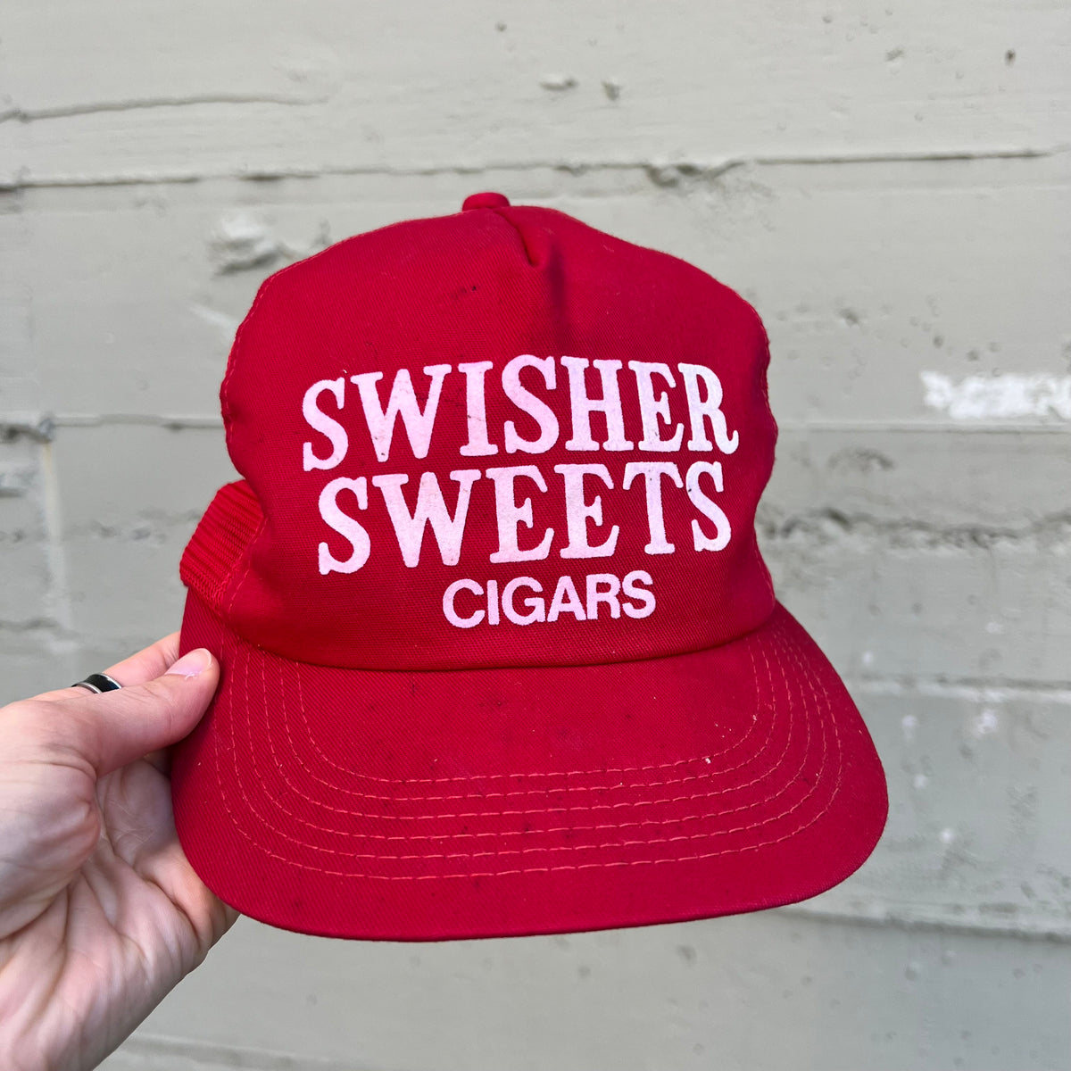 Vintage 1980's Swisher Sweets Felt Logo Mesh SnapBack Trucker Hat - O/S - Made In USA - Red/White
