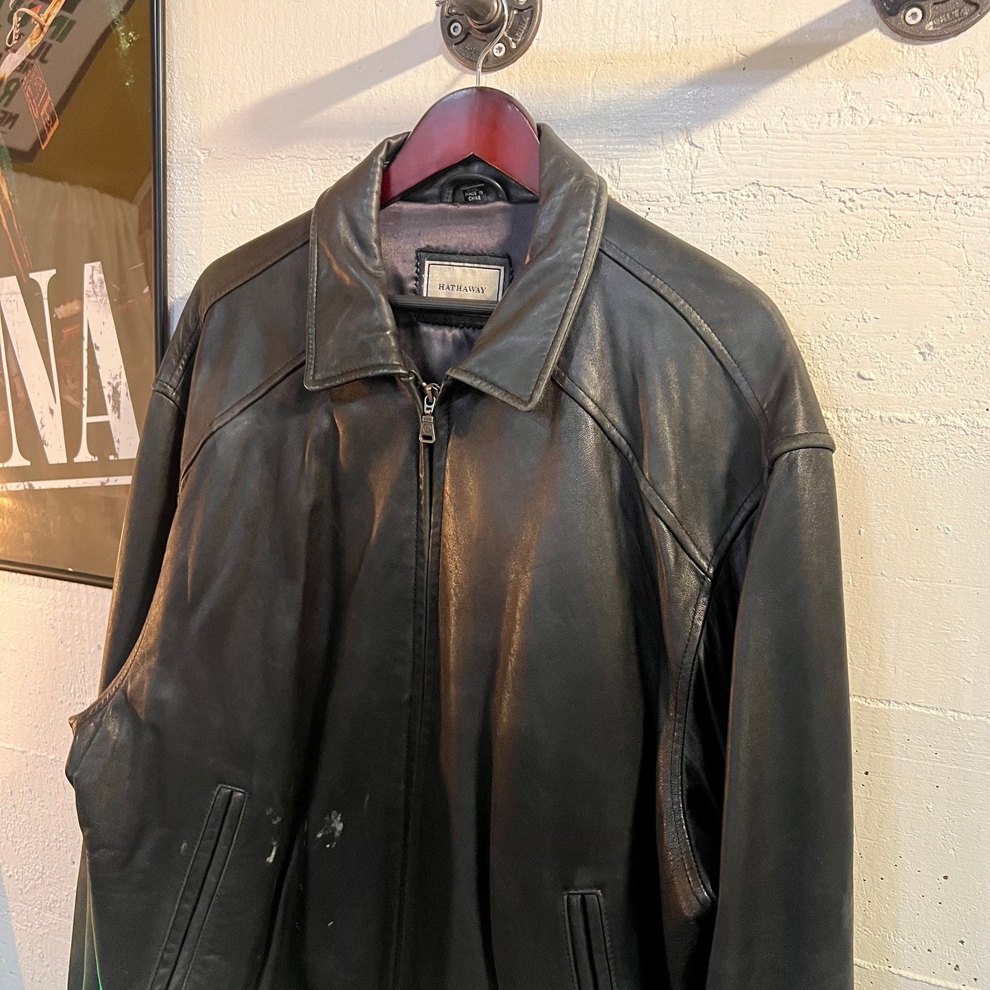 Vintage 90's Hathaway Black Leather Full Zip Bomber Jacket - Size XXL - 100% Leather