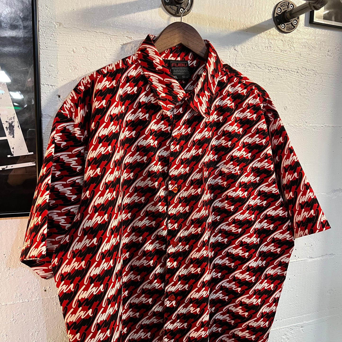Vintage 90's All Over Print Fubu Short Sleeve Button Up Shirt - Size XL - Red/Black/White