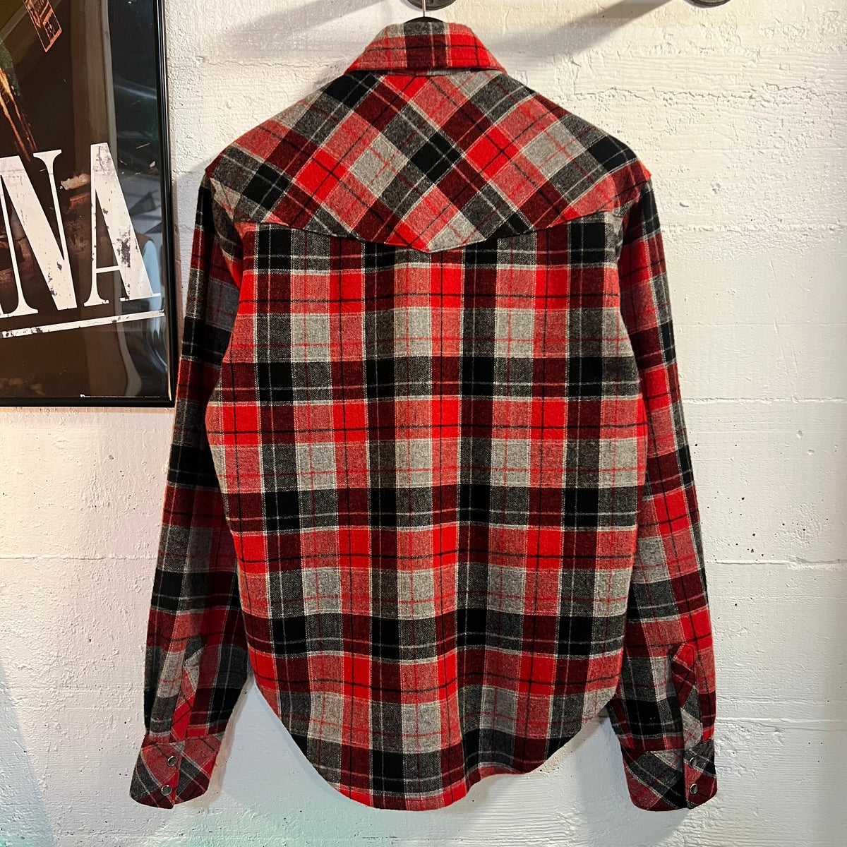 Vintage Hand Made Pearl Snap Southwestern Wool Plaid Flannel - Size Large - Red/Grey/White/Black