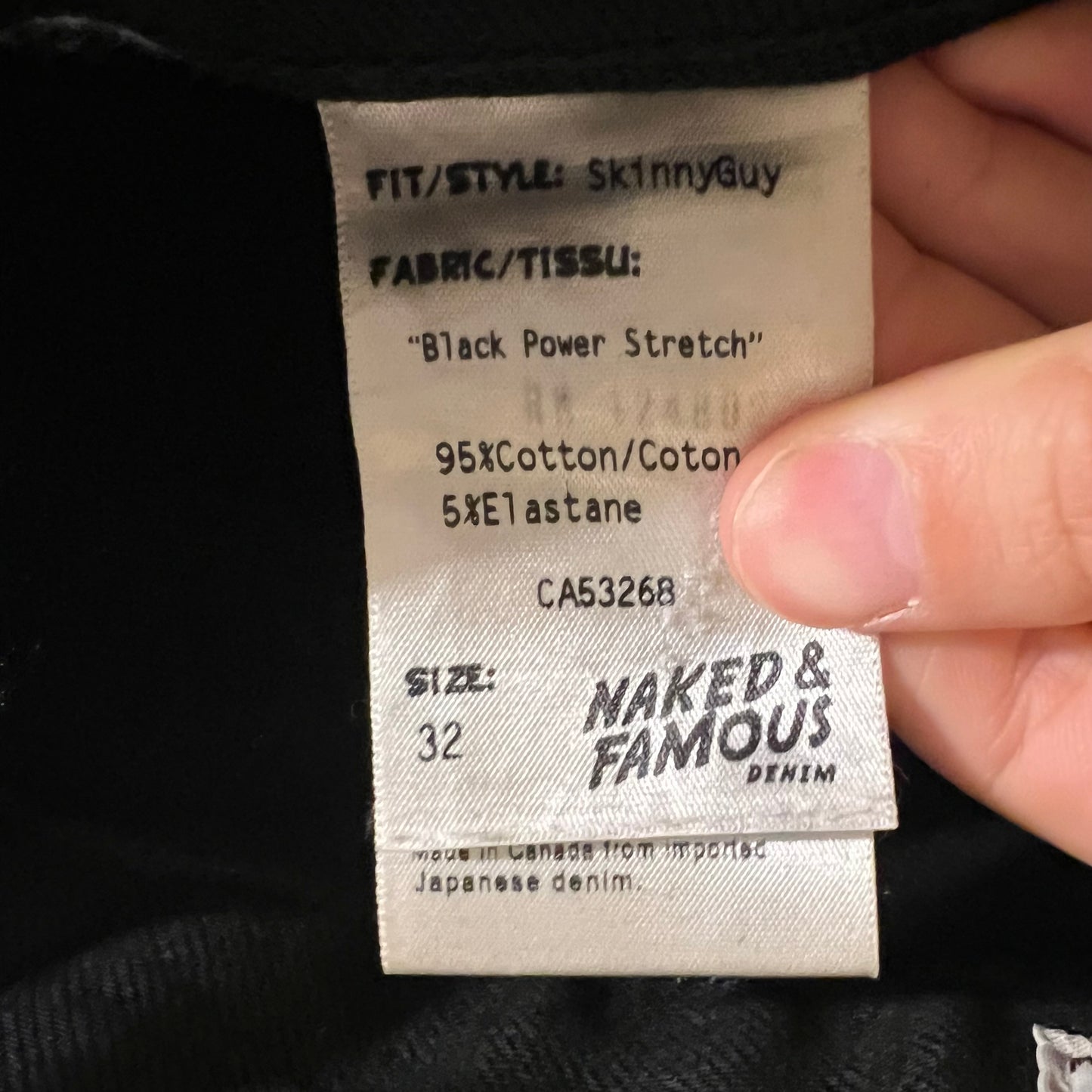 Pre-Owned Naked & Famous Denim Skinny Guy 'Black Power Stretch' Denim Jeans - Size 32" x 29" - Made In Canada - Black