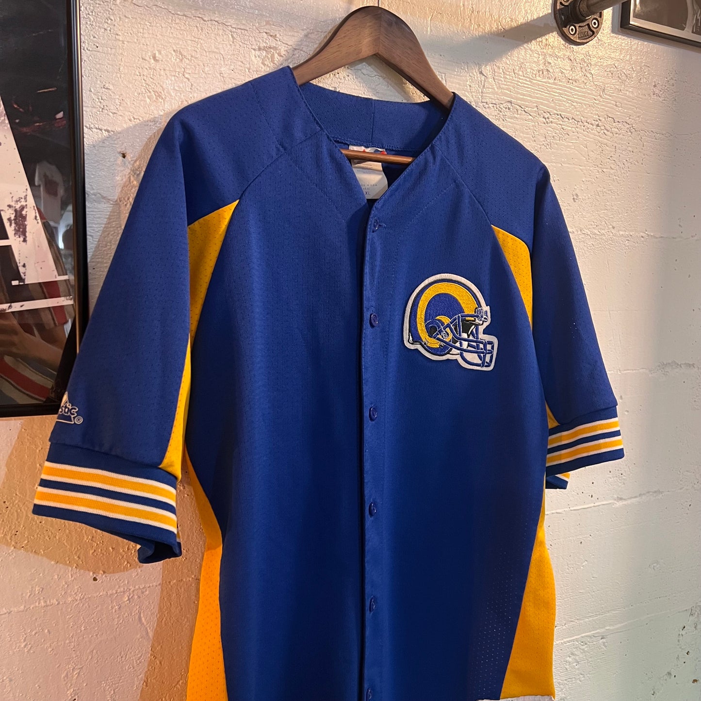 Vintage 90's Los Angeles Ram's Majestic Baseball Style Jersey - Size XL - Made In USA - Blue/Yellow