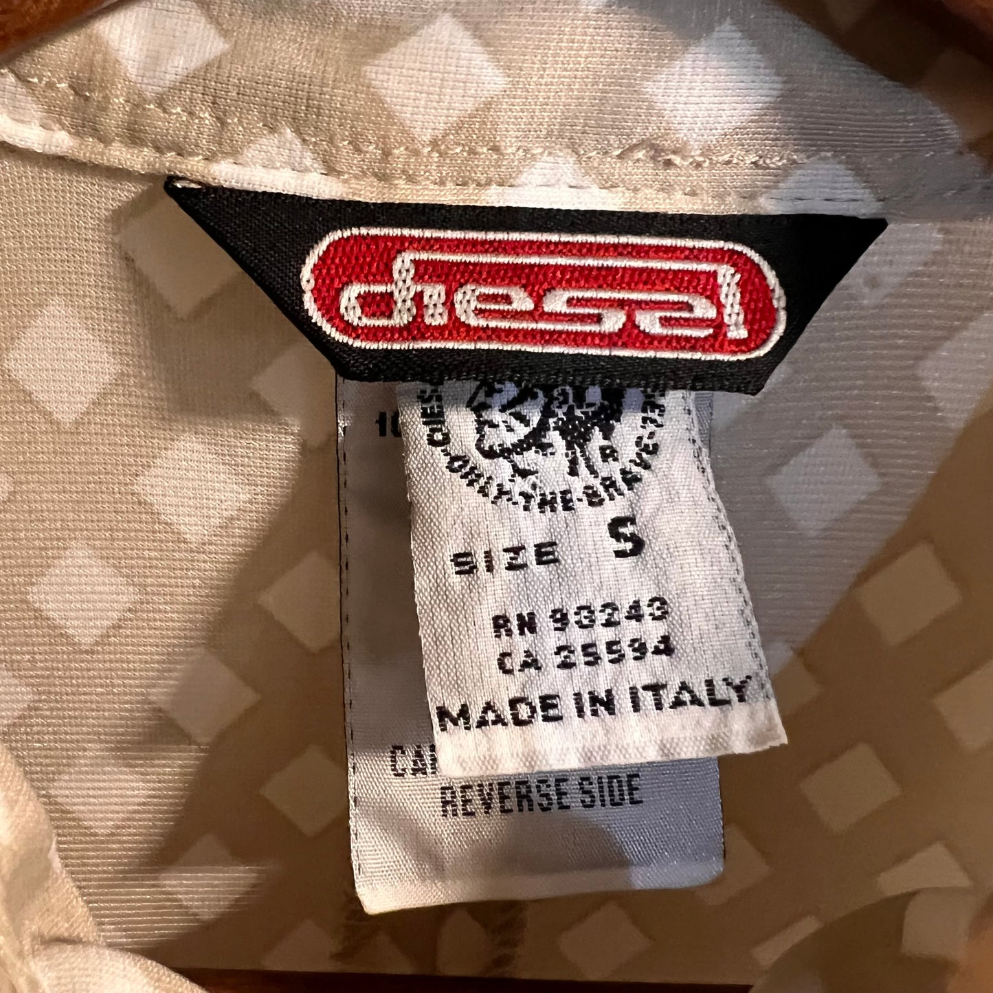 Vintage Diesel Nylon Button-Up Long Sleeve Collard Blouse - Size Small - White/Beige - Made In Italy