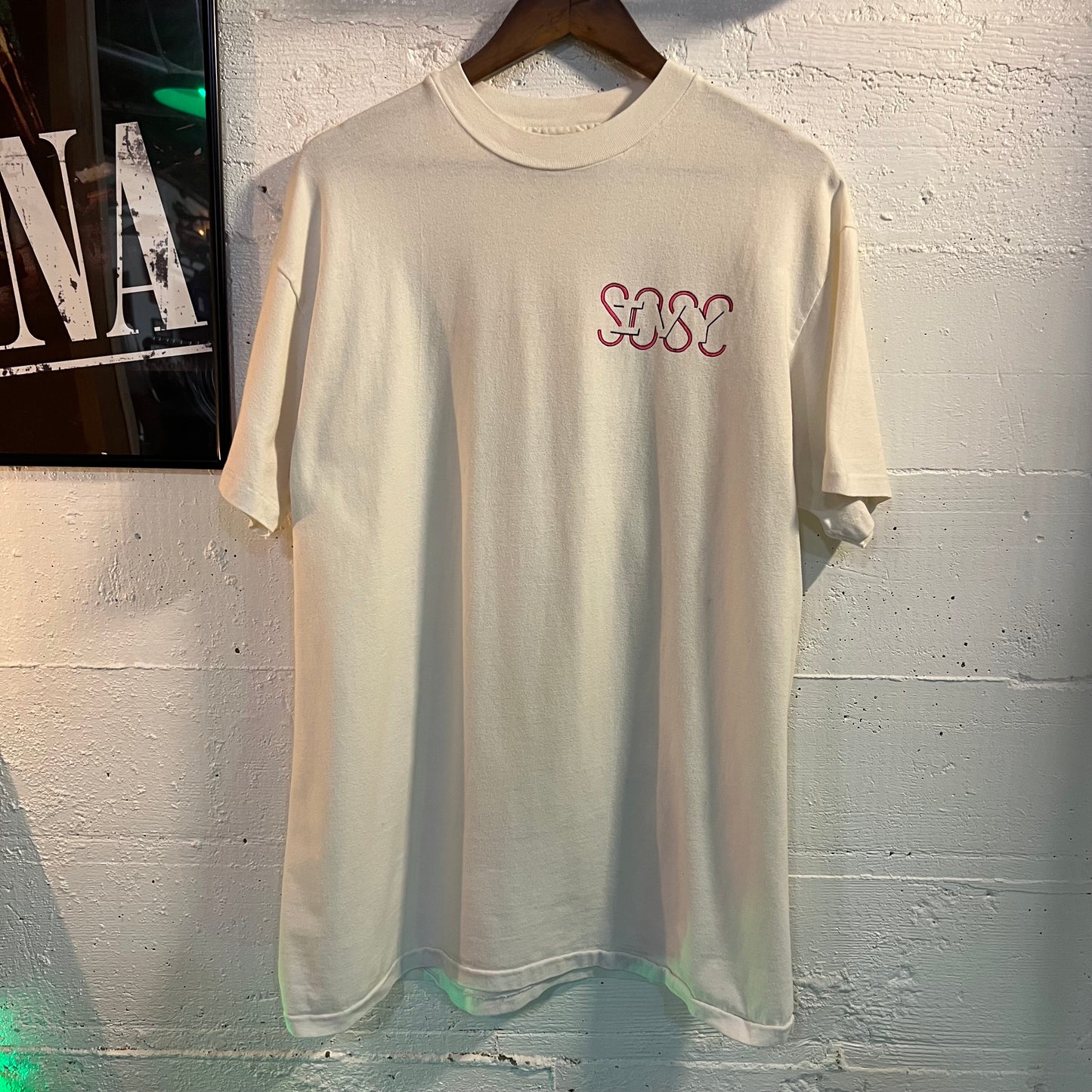 Vintage 90-91 Ivy Hall ‘SOSC’ Collegiate Single Stitch T-Shirt - Size XL - Made In USA - White/Pink/Black