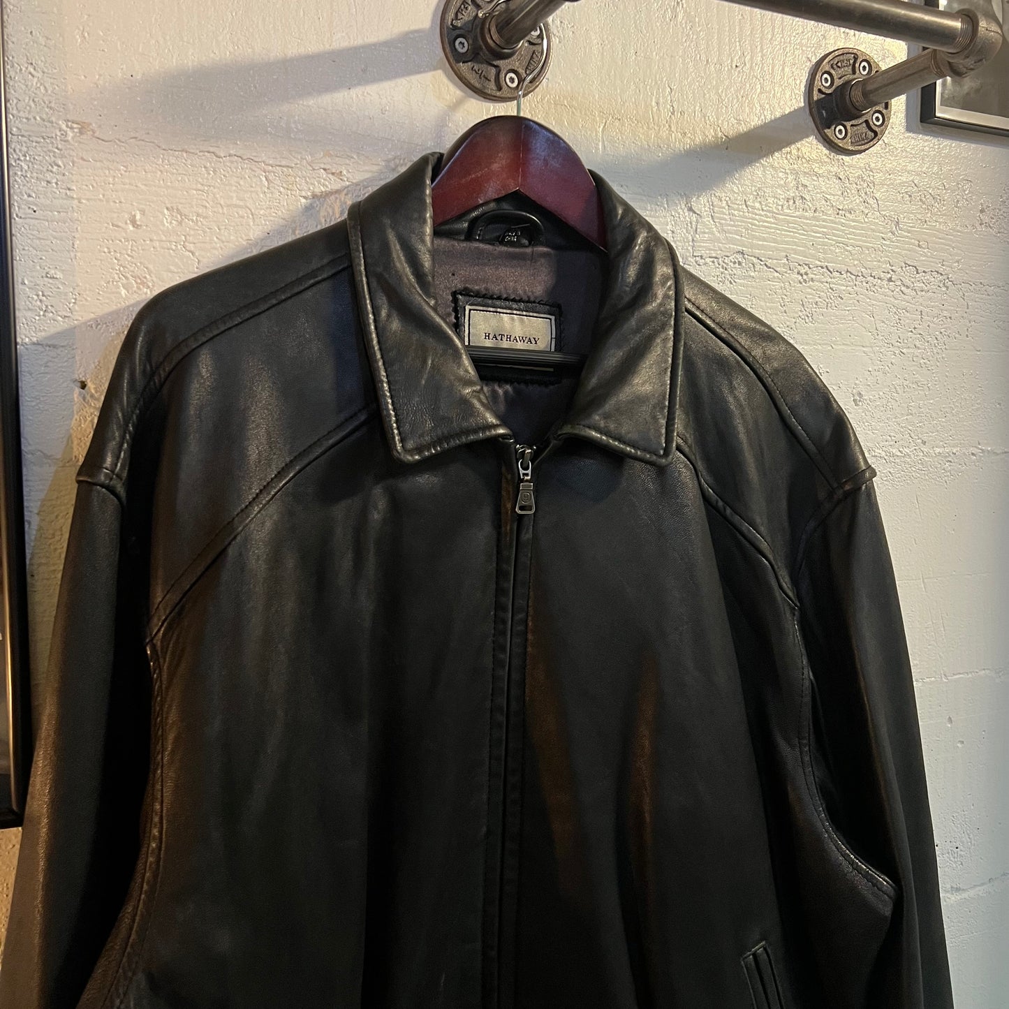 Vintage 90's Hathaway Black Leather Full Zip Bomber Jacket - Size XXL - 100% Leather