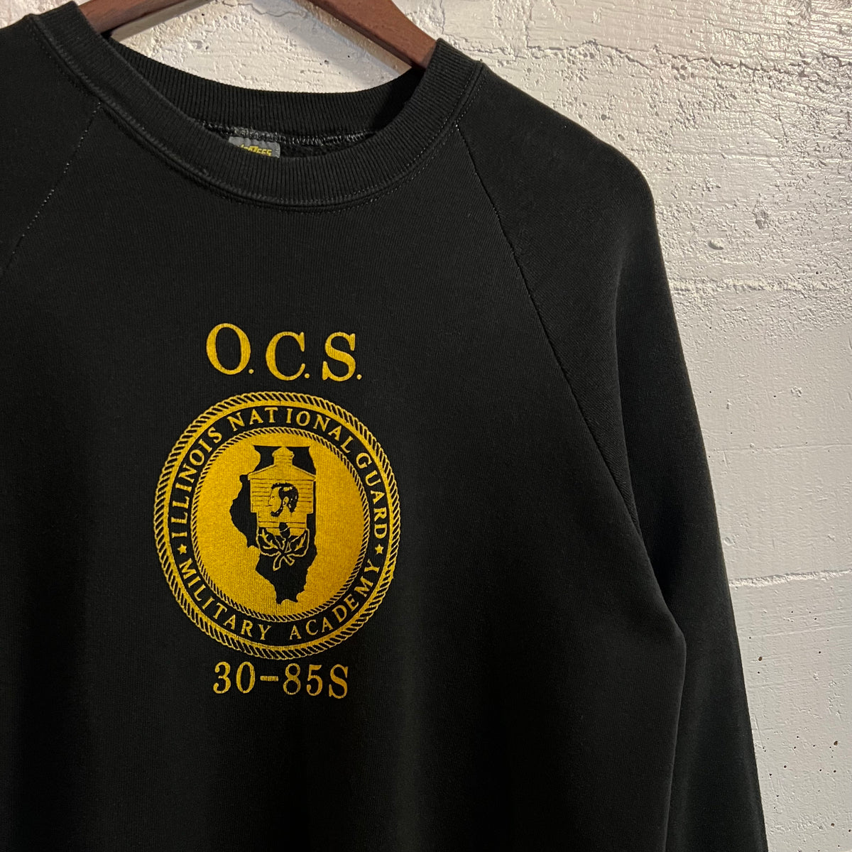 Vintage Early 1980's Illinois National Guard Officer Candidate School (O.C.S.) Raglan Crewneck Sweatshirt - Size Large - Made In USA - Black/Gold