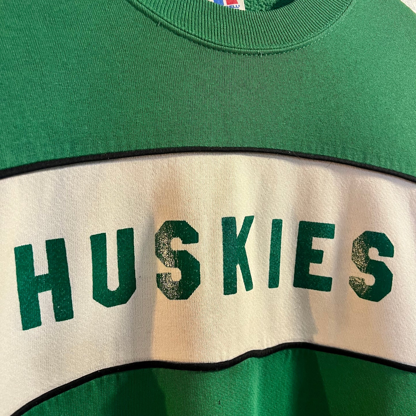 Vintage 1980's Distressed Russell Athletic Huskies Collegiate Crewneck Sweatshirt - Size Medium - Made In USA - Green/White/Black