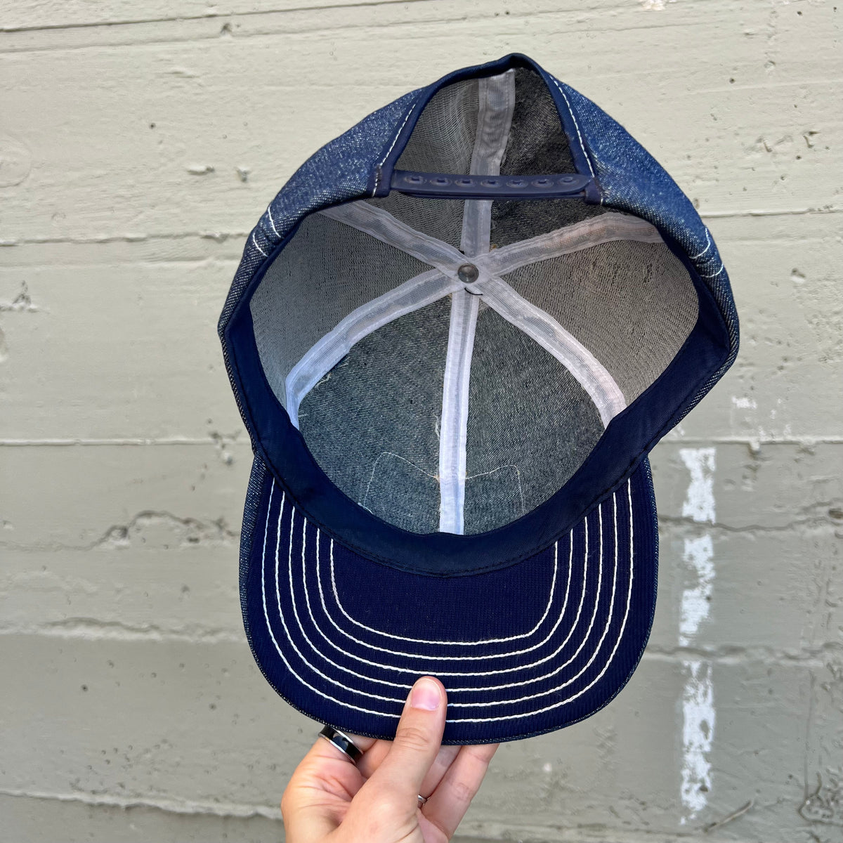 True Vintage 1970's Contrast Stitch Denim 6-Panel Company Patch Snapback Hat - O/S - Dark Indigo