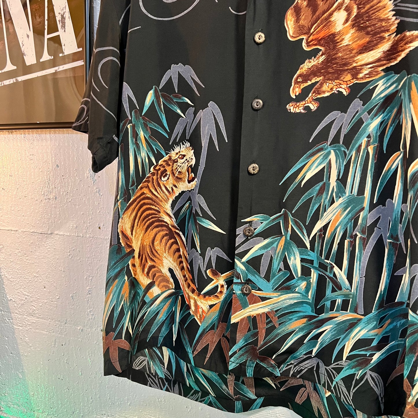 Vintage 1970’s Kennington California Rayon (Tiger VS Falcon) Aloha Surf Shirt - Size Small - Black/Multicolor