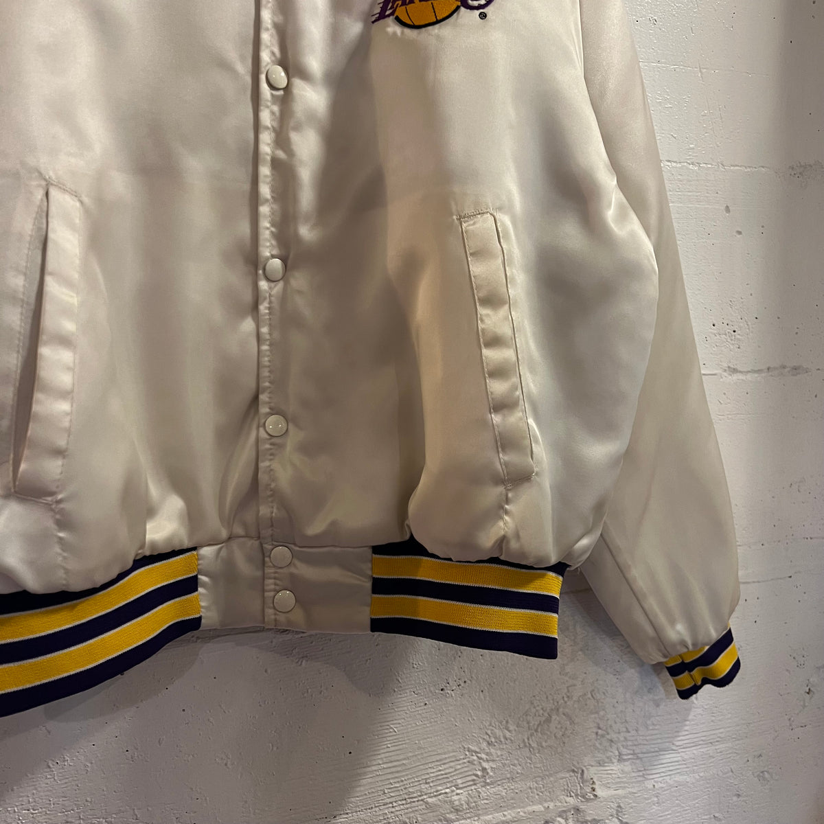 Vintage 90's Los Angeles Lakers Embroidered Swingster Satin Bomber Jacket - Size XL - Made In USA - White/Yellow/Purple