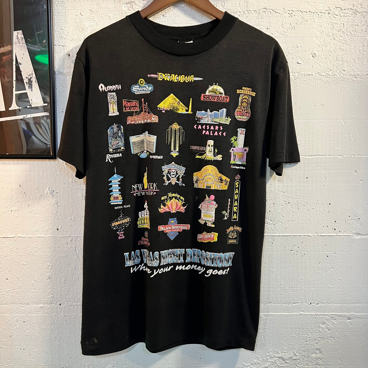 Vintage 80’s Las Vegas Night Depository ‘Hotels’ Single Stitch T-Shirt - Size Medium - Made In USA - Black/Multi
